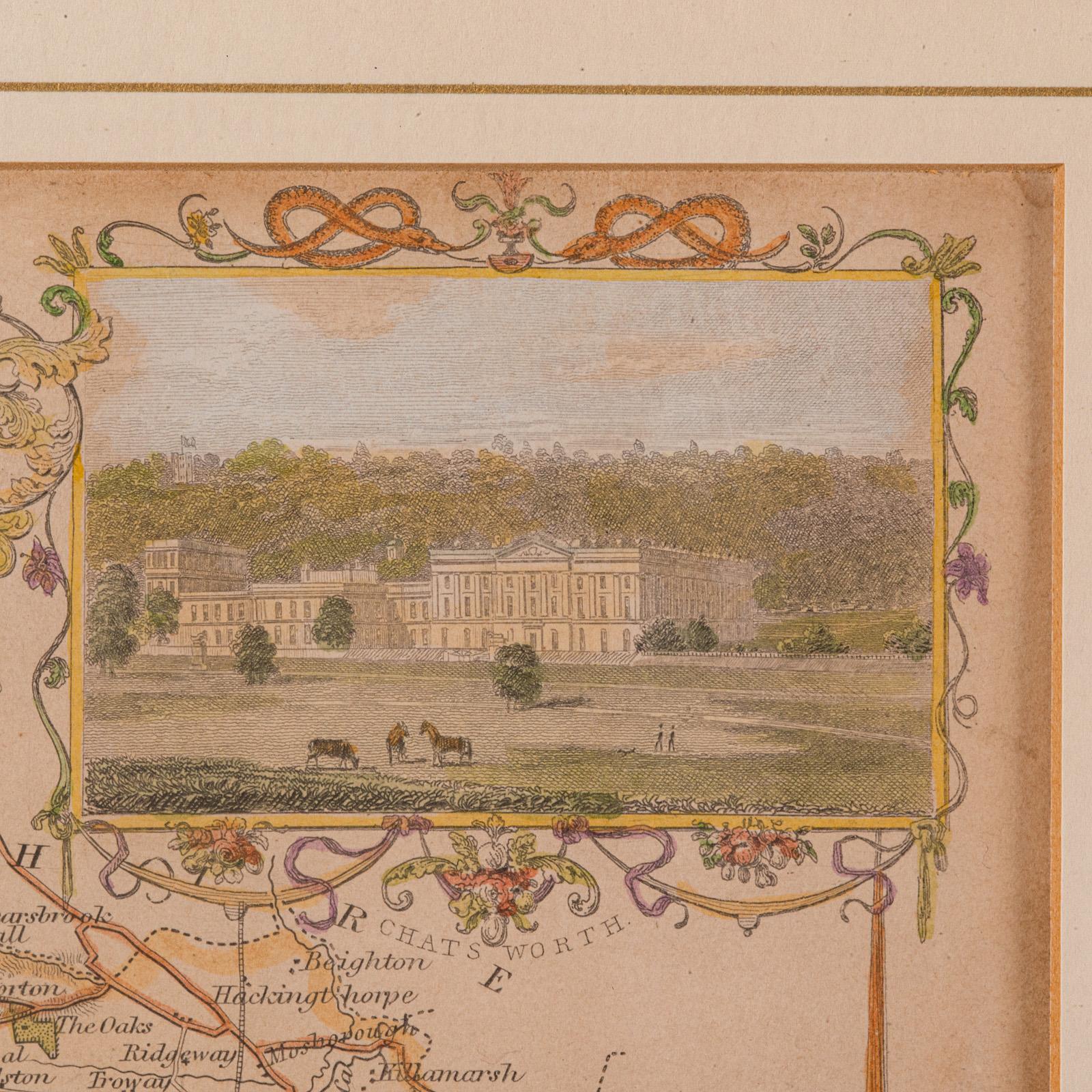 XIXe siècle Carte lithographie ancienne, Derbyshire, anglaise, cartographie encadrée, victorienne en vente