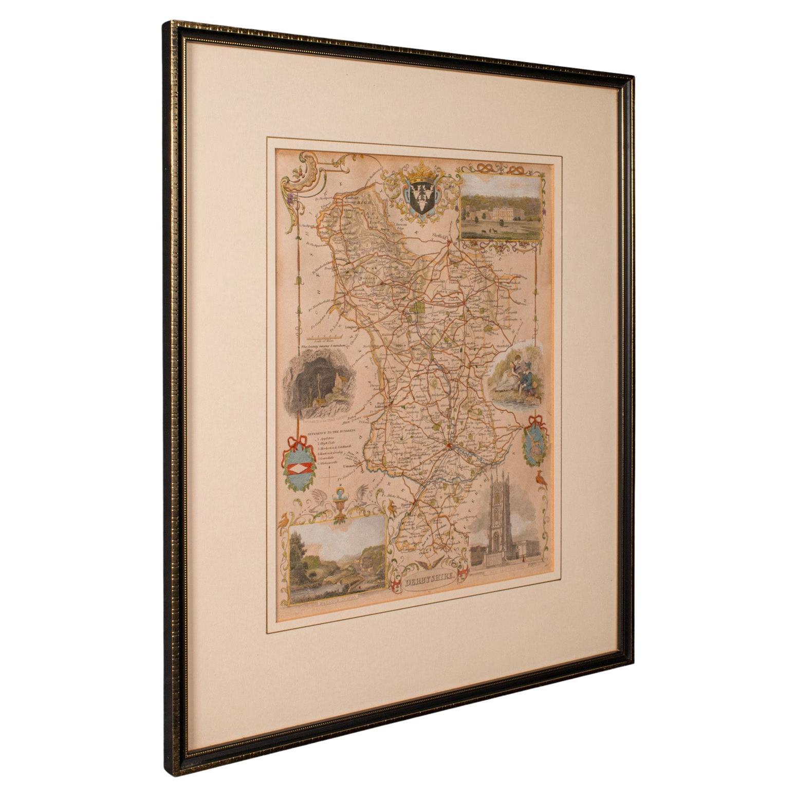 Antique Lithography Map, Derbyshire, English, Framed Cartography, Victorian