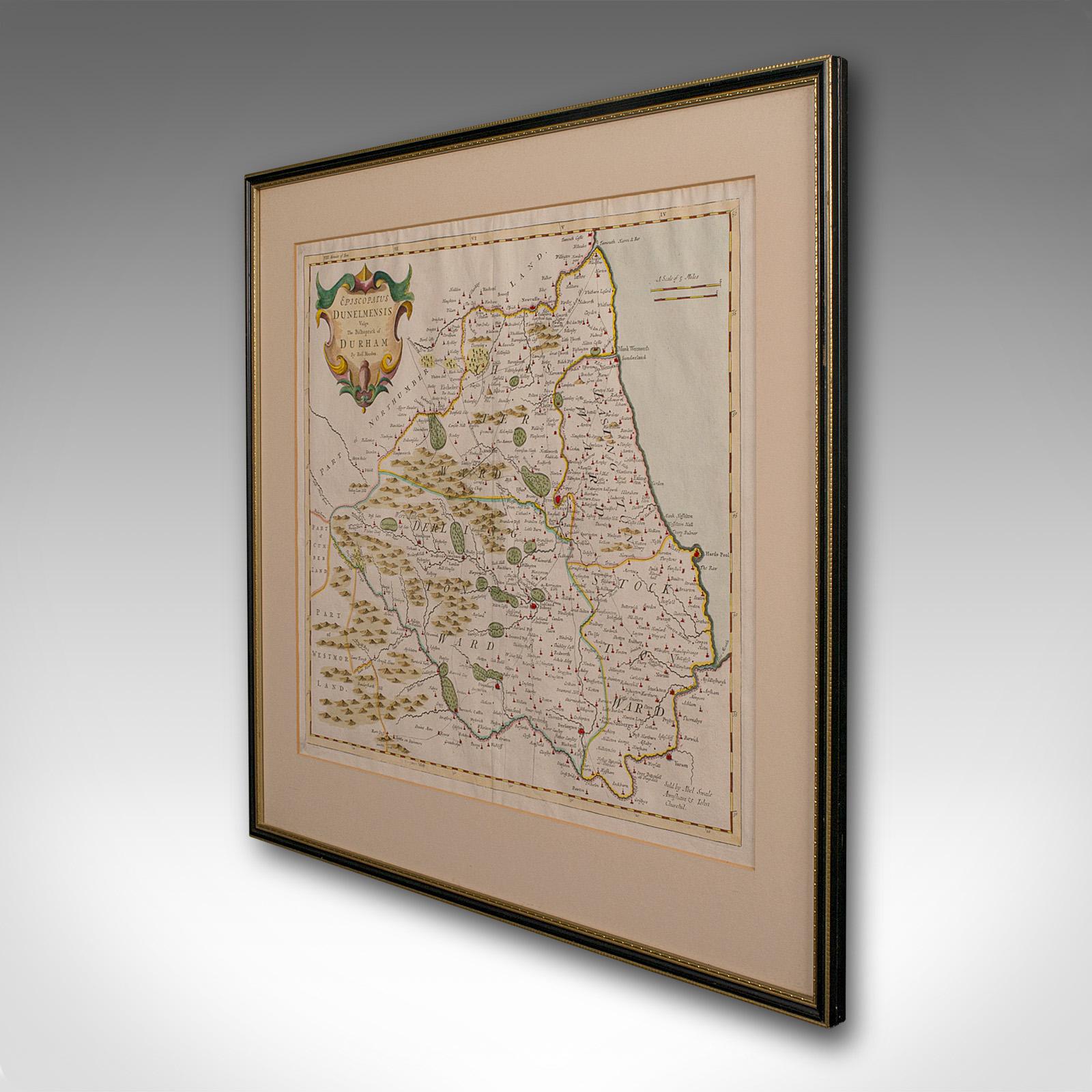 British Antique Lithography Map, Durham, English, Framed, Cartography, Early Georgian For Sale