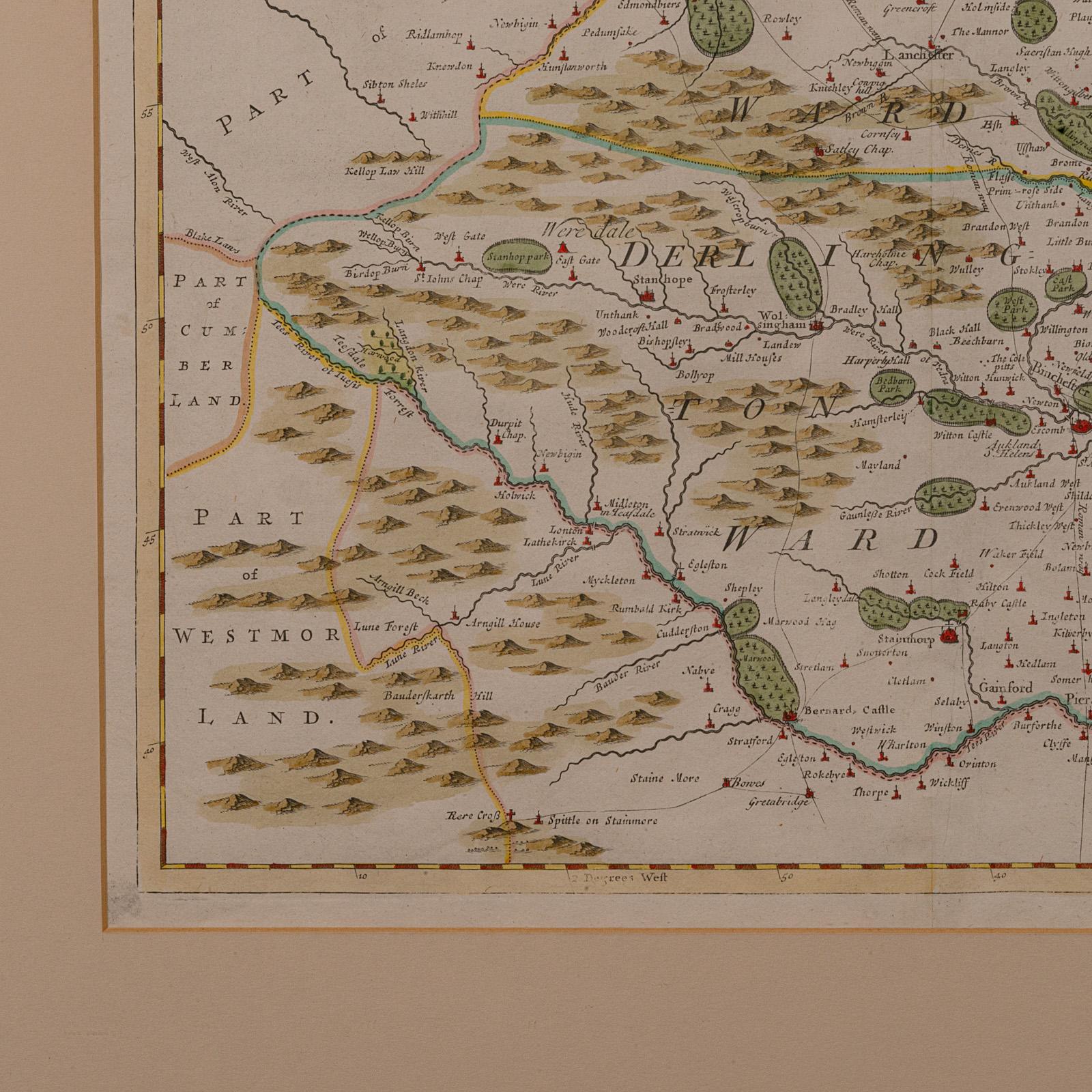 Wood Antique Lithography Map, Durham, English, Framed, Cartography, Early Georgian For Sale