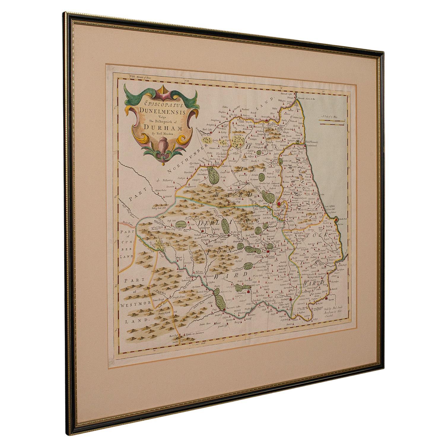 Antique Lithography Map, Durham, English, Framed, Cartography, Early Georgian For Sale
