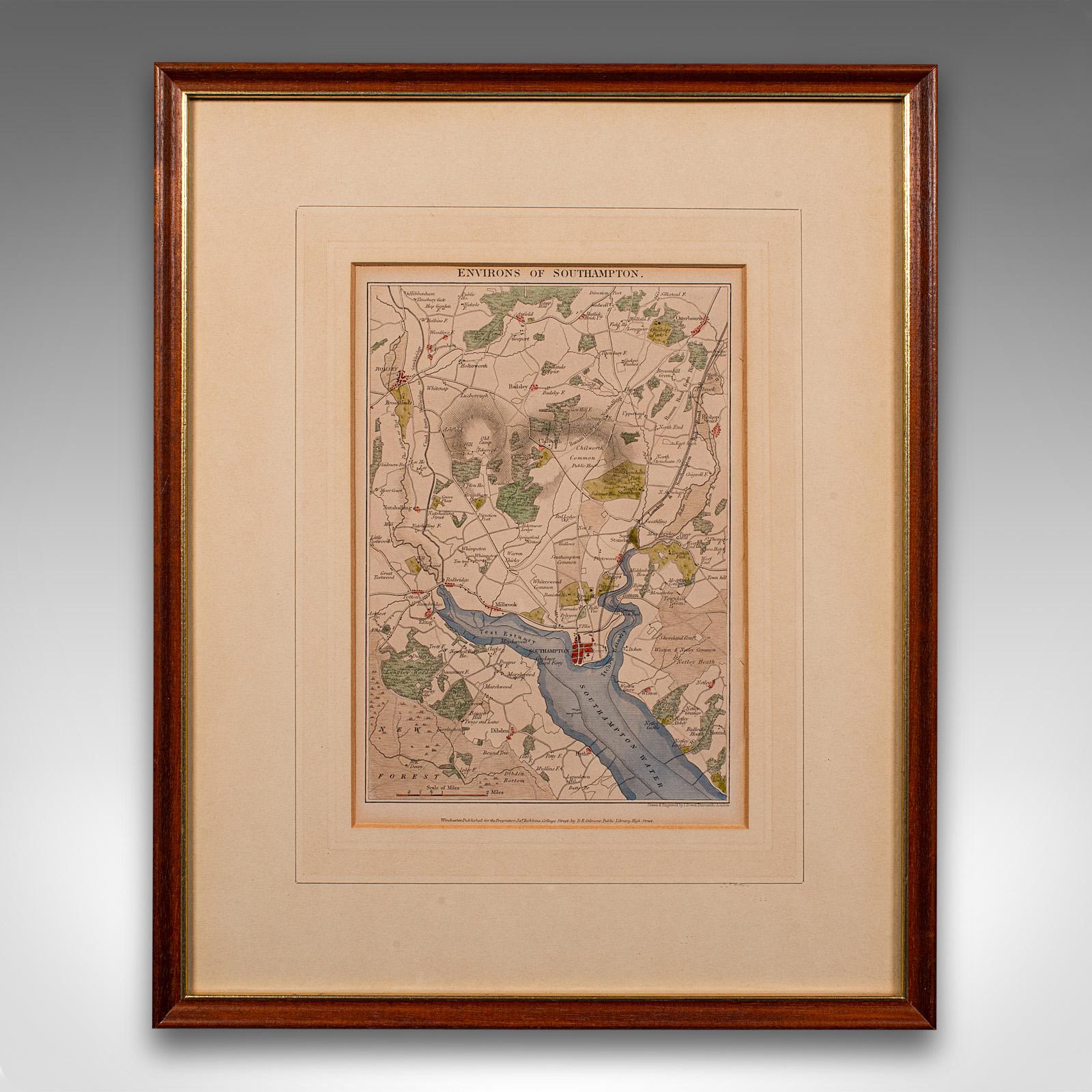 
This is an antique lithography map 'The Environs of Southampton'. An English, framed town engraving of cartographic interest by John James Dower, dating to the Victorian period and later.

Superb lithography of Southampton and its town detail,
