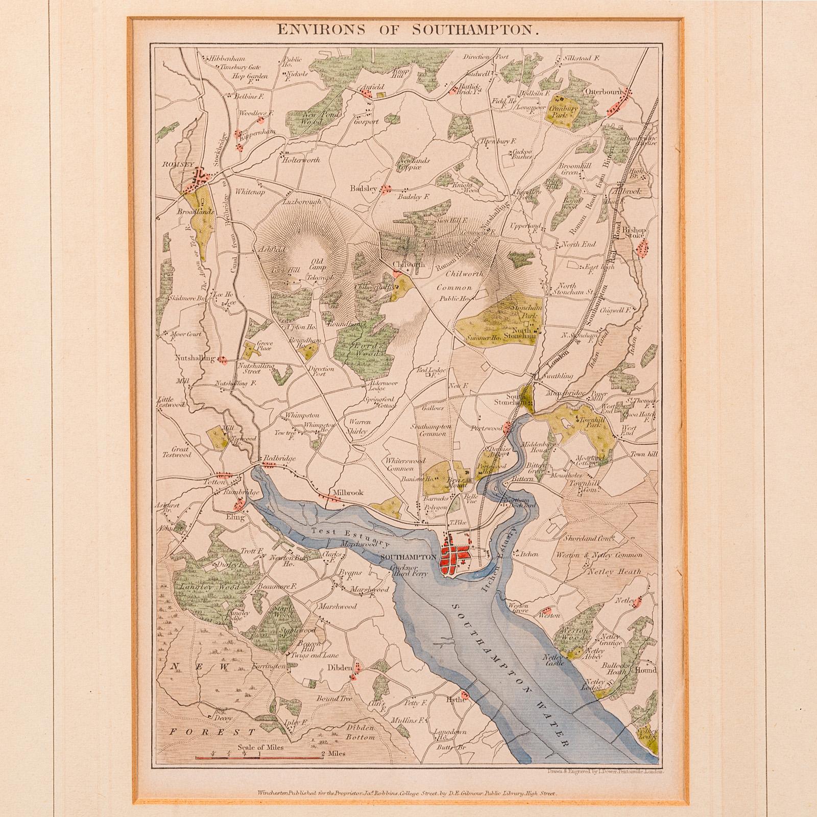 19th Century Antique Lithography Map, Environs of Southampton, English, Framed, Victorian For Sale