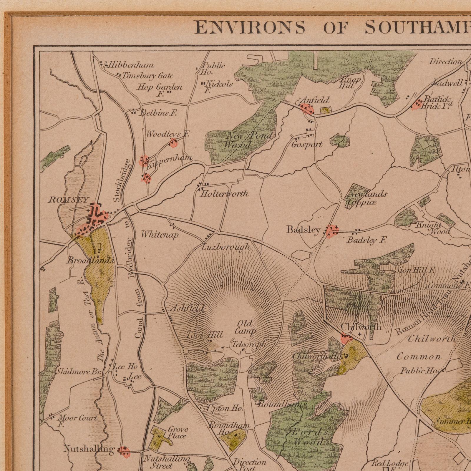Wood Antique Lithography Map, Environs of Southampton, English, Framed, Victorian For Sale