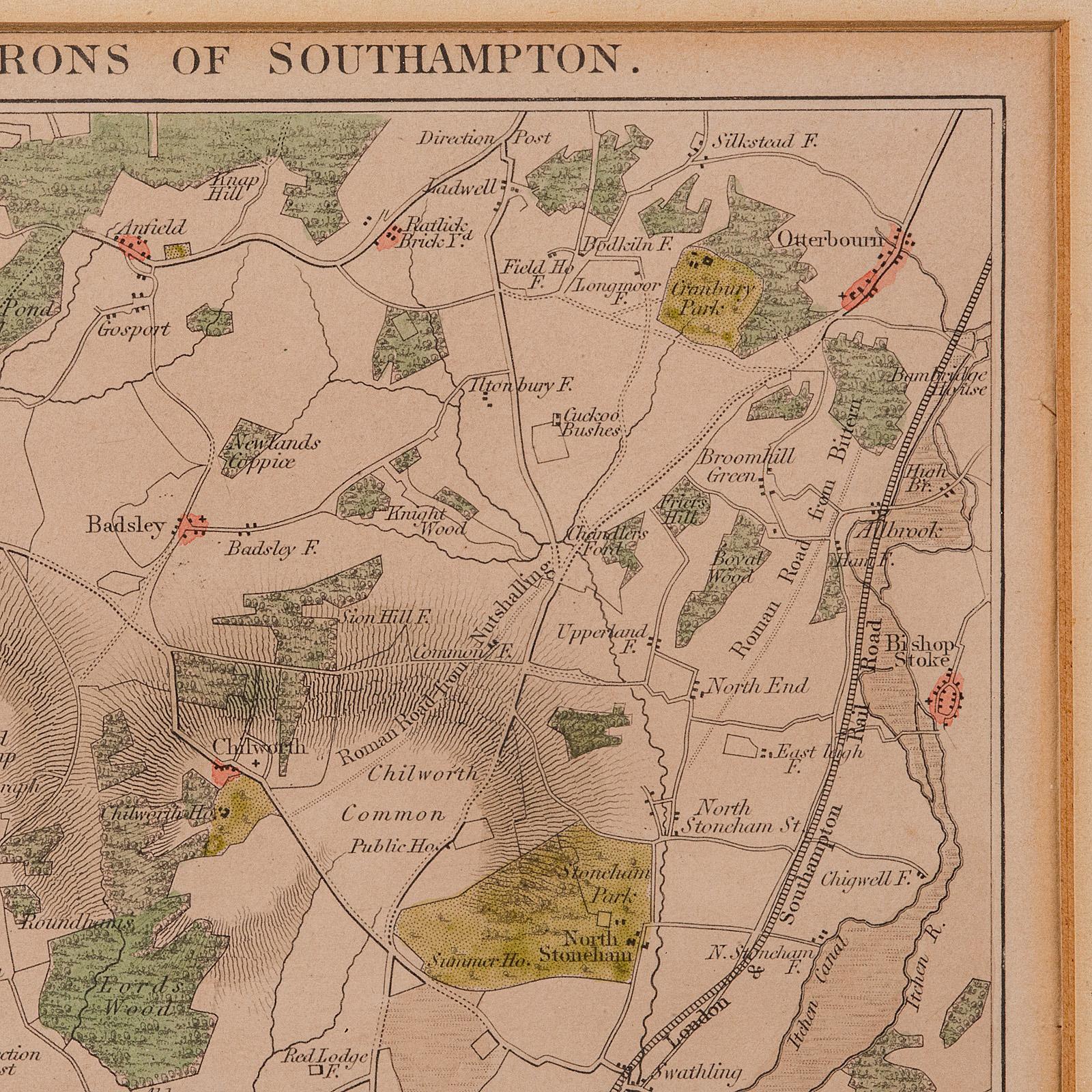Antique Lithography Map, Environs of Southampton, English, Framed, Victorian For Sale 1