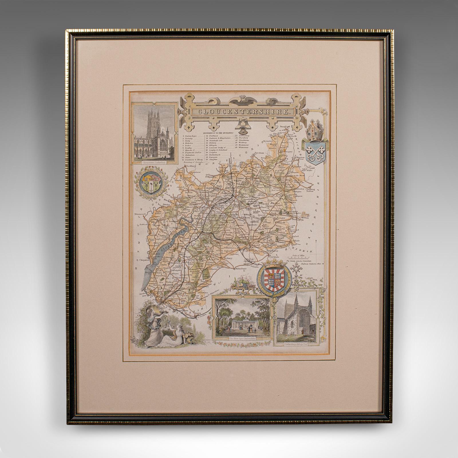 This is an antique lithography map of Gloucestershire. An English, framed atlas engraving of cartographic interest, dating to the mid 19th century and later.

Superb lithography of Gloucestershire and its county detail, perfect for