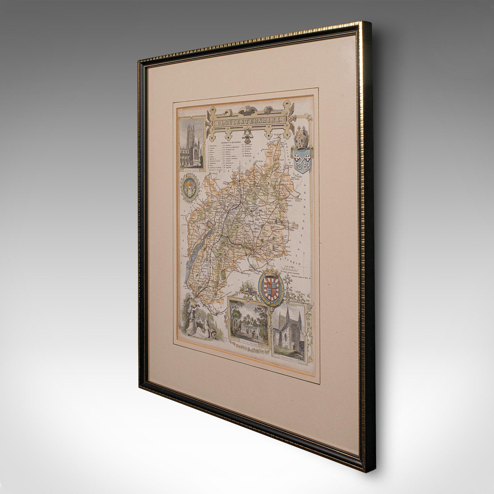 Victorian Antique Lithography Map, Gloucestershire, English, Framed Engraving, Cartography For Sale