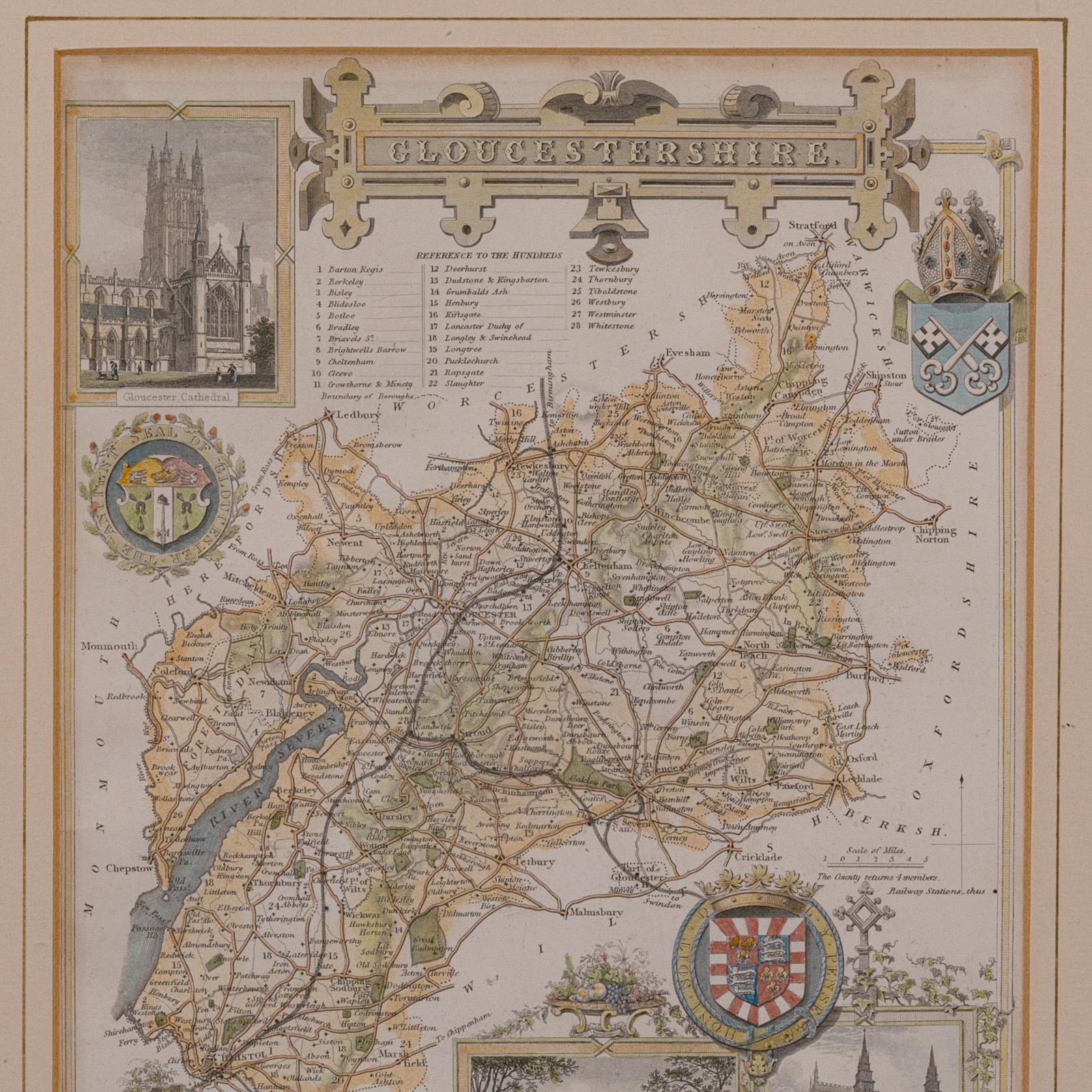 Antique Lithography Map, Gloucestershire, English, Framed Engraving, Cartography In Good Condition For Sale In Hele, Devon, GB