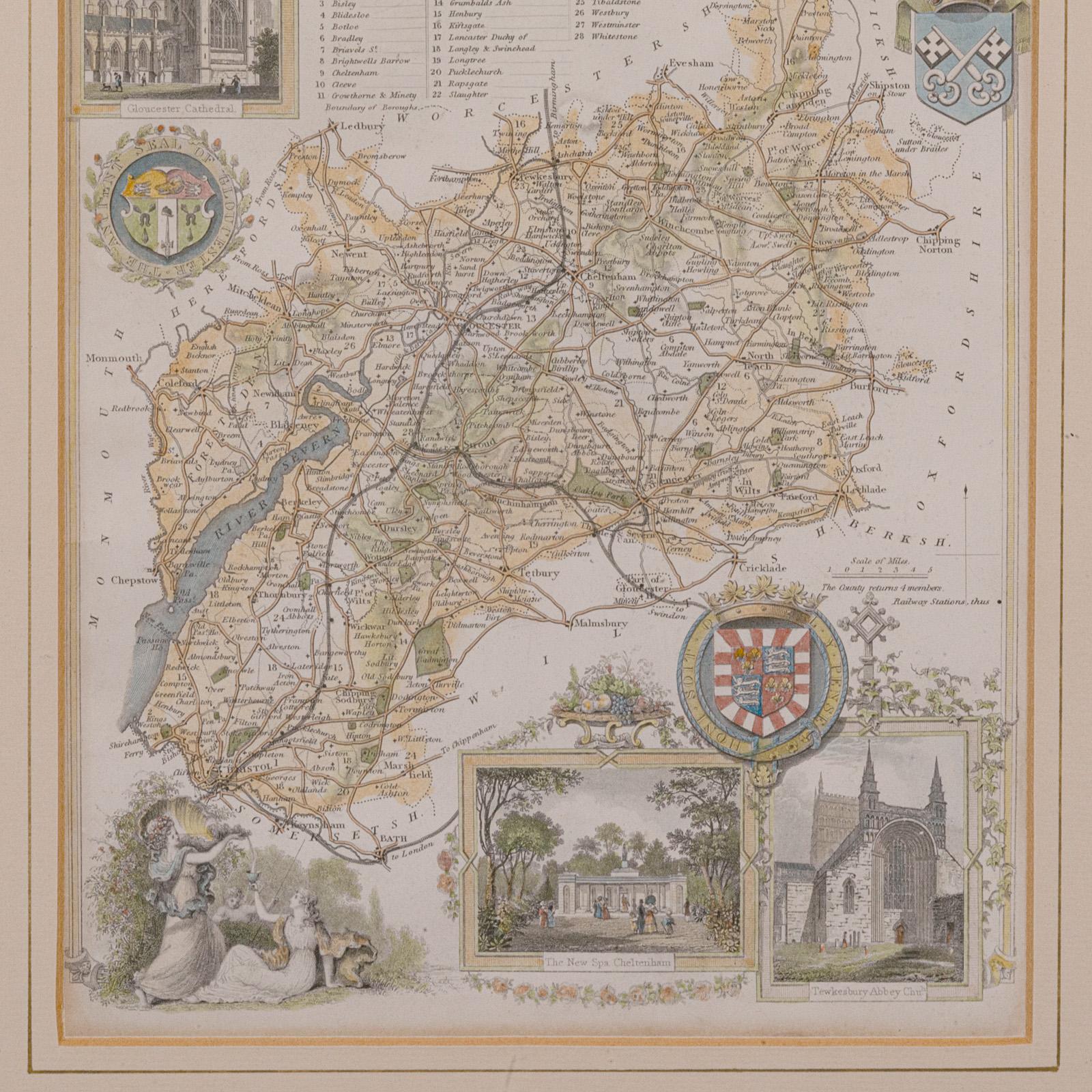19th Century Antique Lithography Map, Gloucestershire, English, Framed Engraving, Cartography For Sale