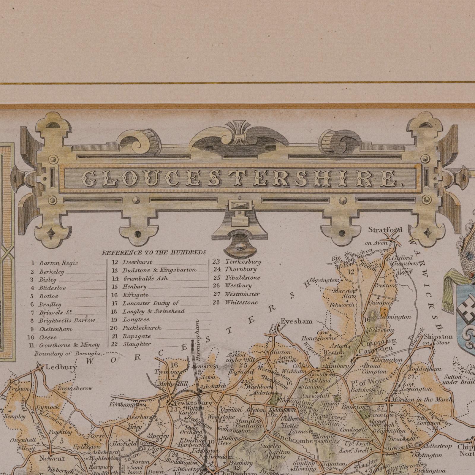 Wood Antique Lithography Map, Gloucestershire, English, Framed Engraving, Cartography For Sale
