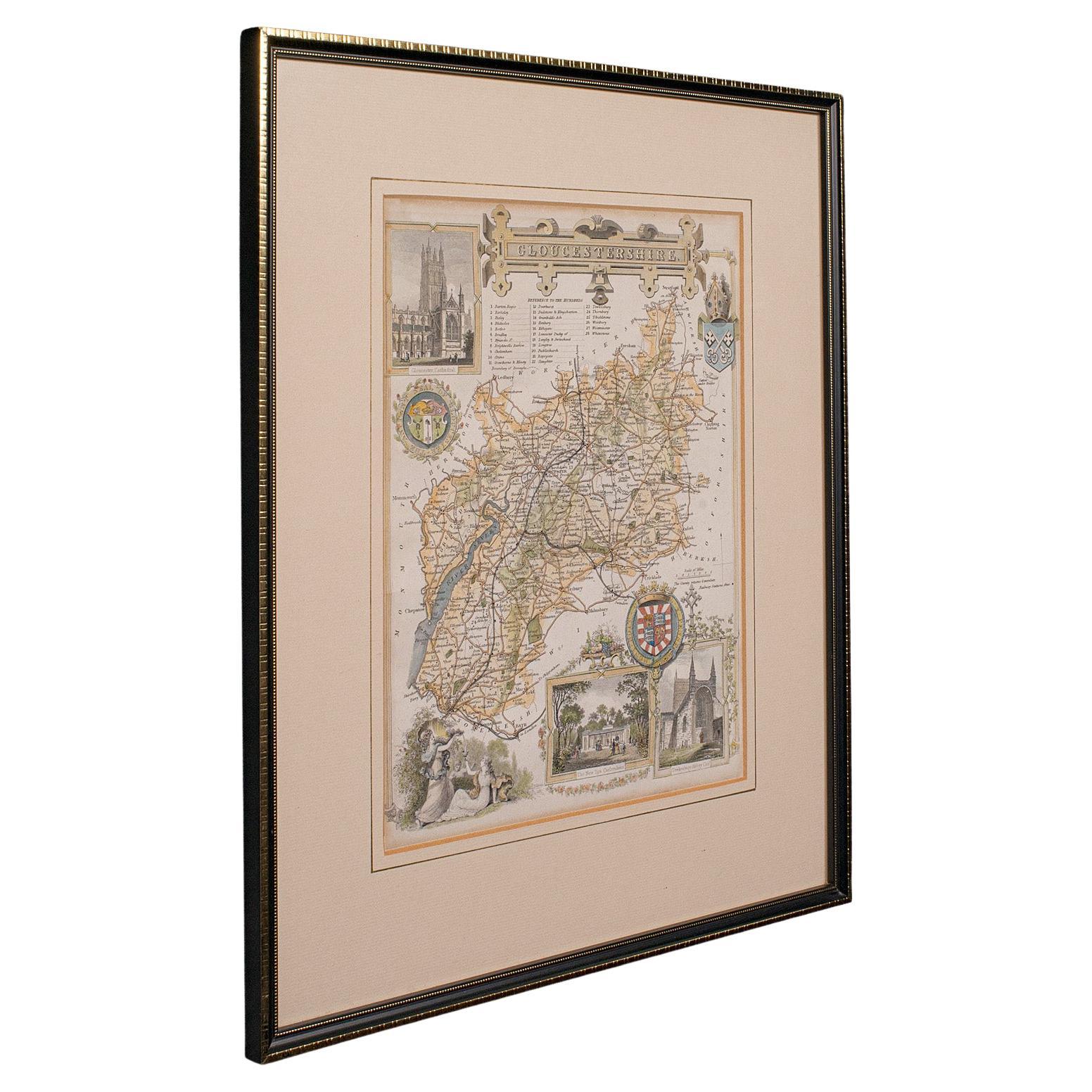 Antique Lithography Map, Gloucestershire, English, Framed Engraving, Cartography For Sale
