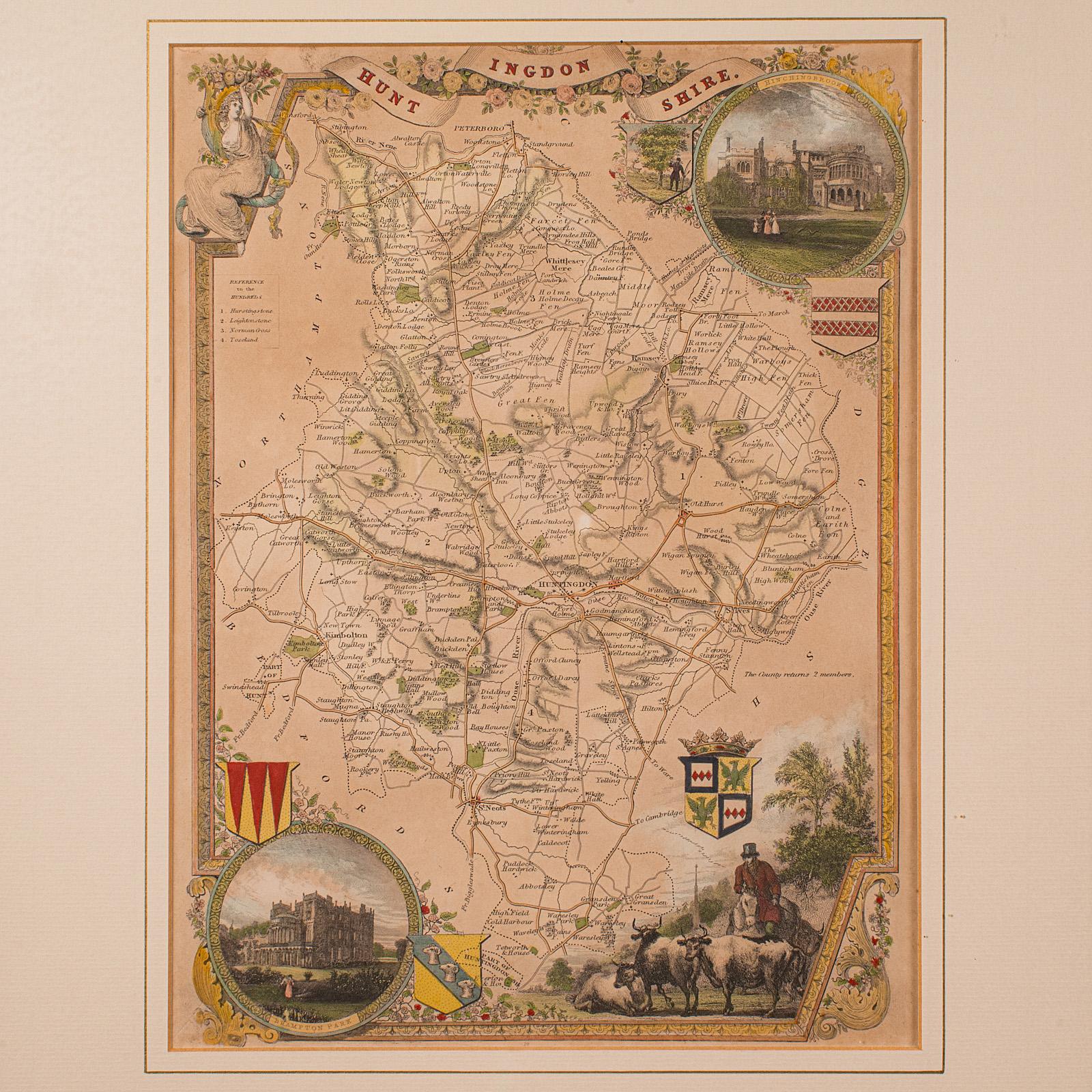 Antique Lithography Map, Huntingdonshire, English, Framed Cartography, Victorian In Good Condition For Sale In Hele, Devon, GB