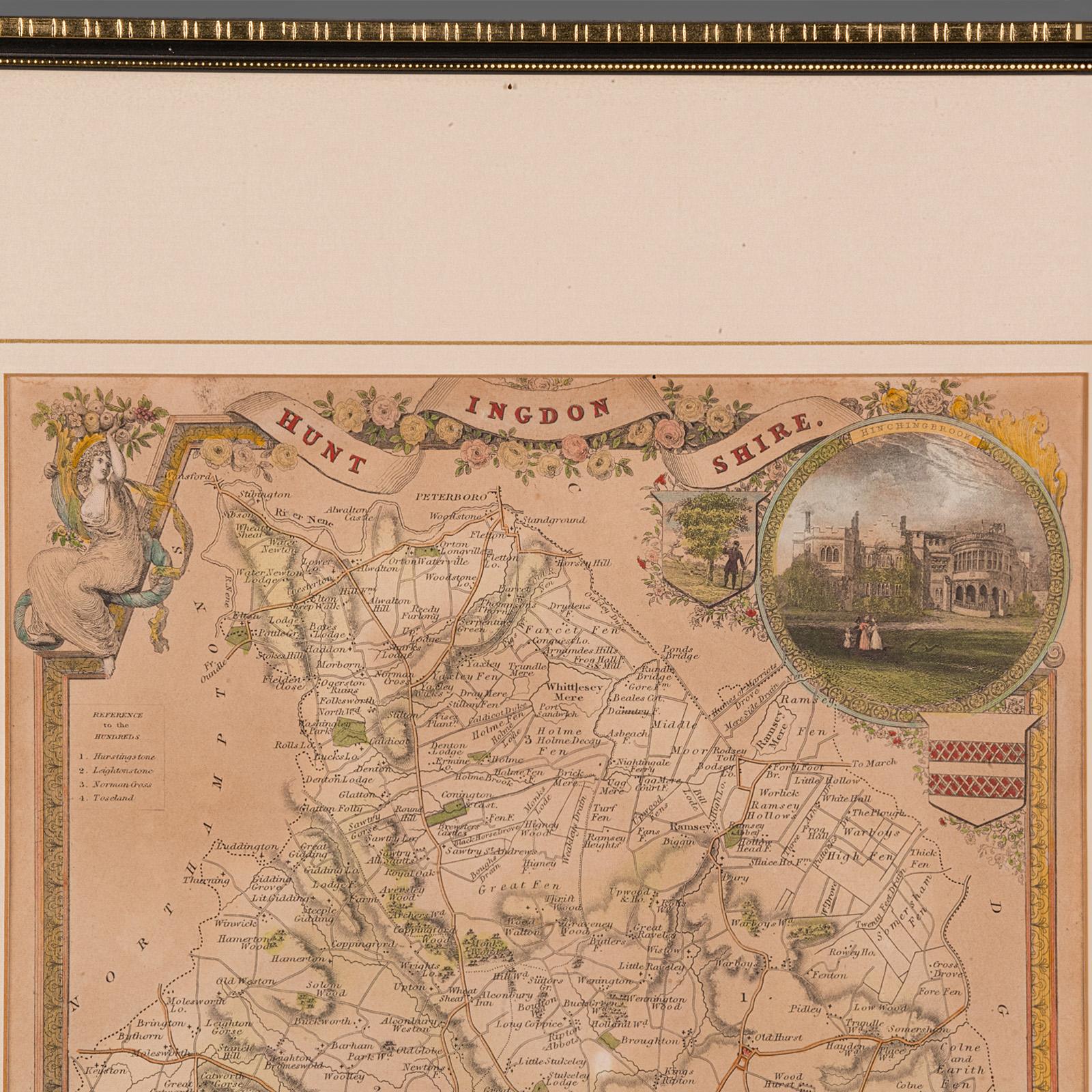 19th Century Antique Lithography Map, Huntingdonshire, English, Framed Cartography, Victorian For Sale