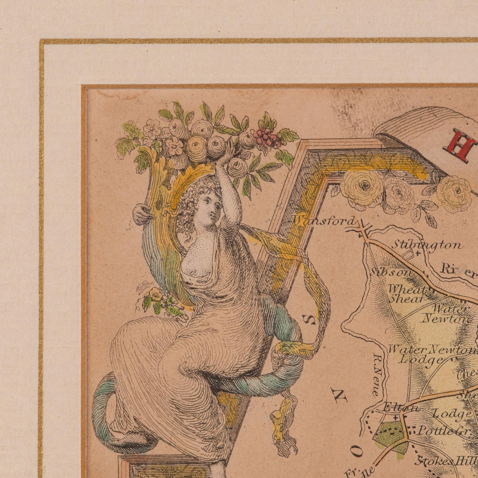 Glass Antique Lithography Map, Huntingdonshire, English, Framed Cartography, Victorian For Sale