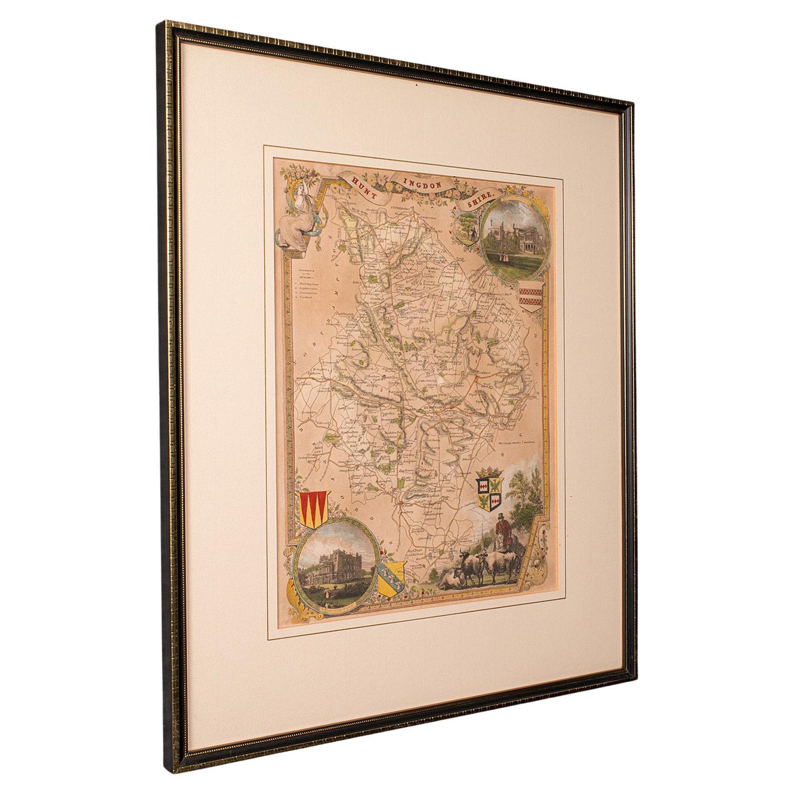 Antique Lithography Map, Huntingdonshire, English, Framed Cartography, Victorian For Sale