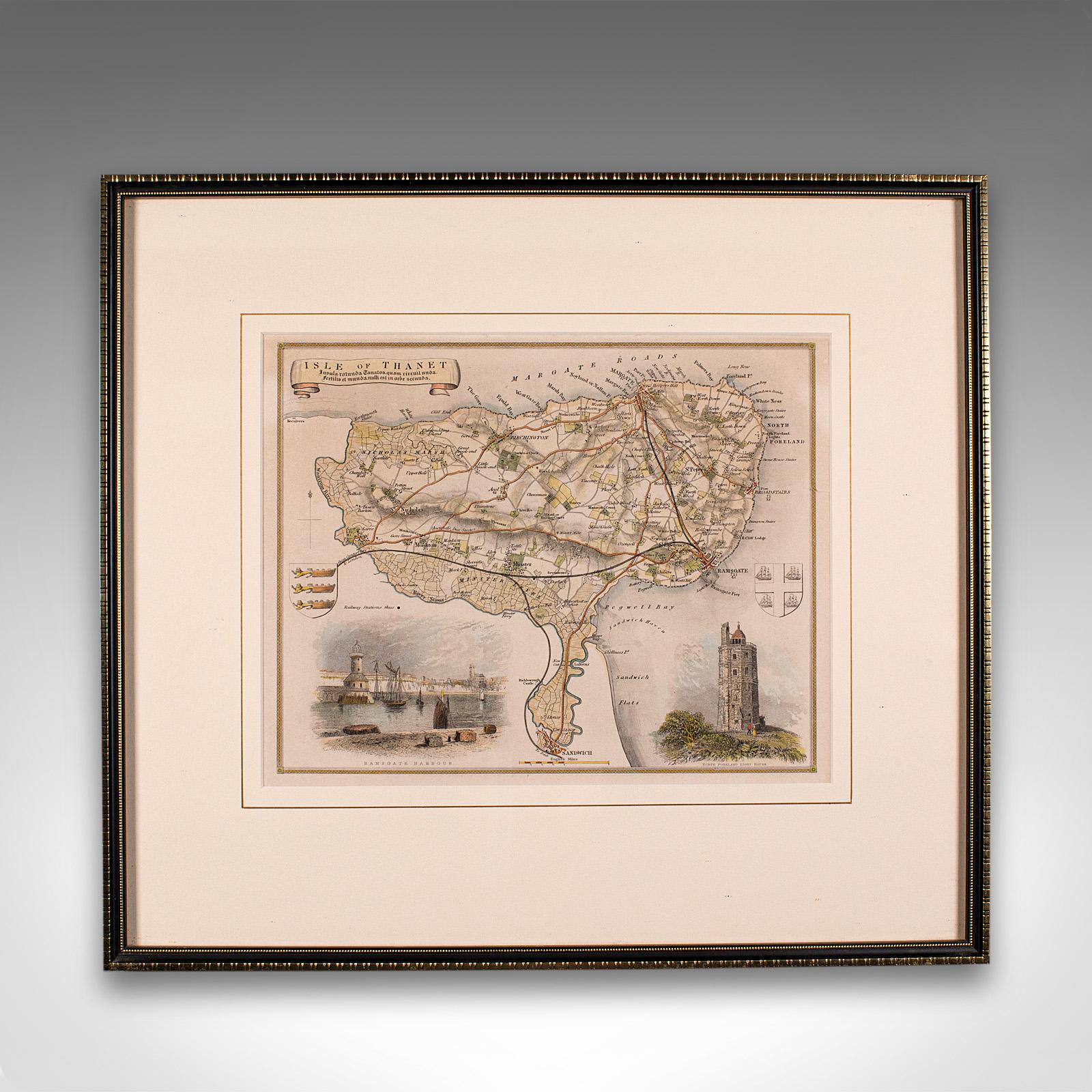 This is an antique lithography map of The Isle of Thanet in Kent. An English, framed atlas engraving of cartographic interest, dating to the mid 19th century and later.

Superb lithography of the region comprising the easternmost part of