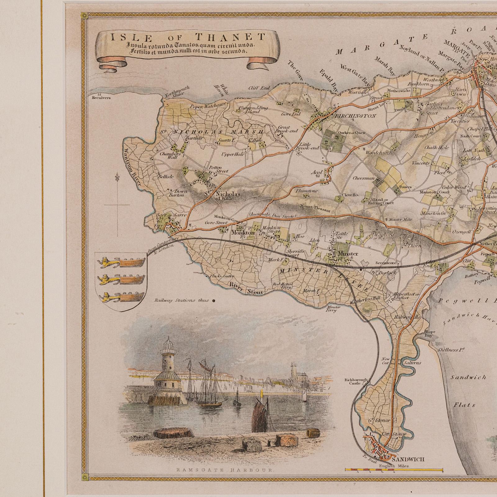 19th Century Antique Lithography Map, Isle of Thanet, Kent, English, Cartography, Victorian For Sale