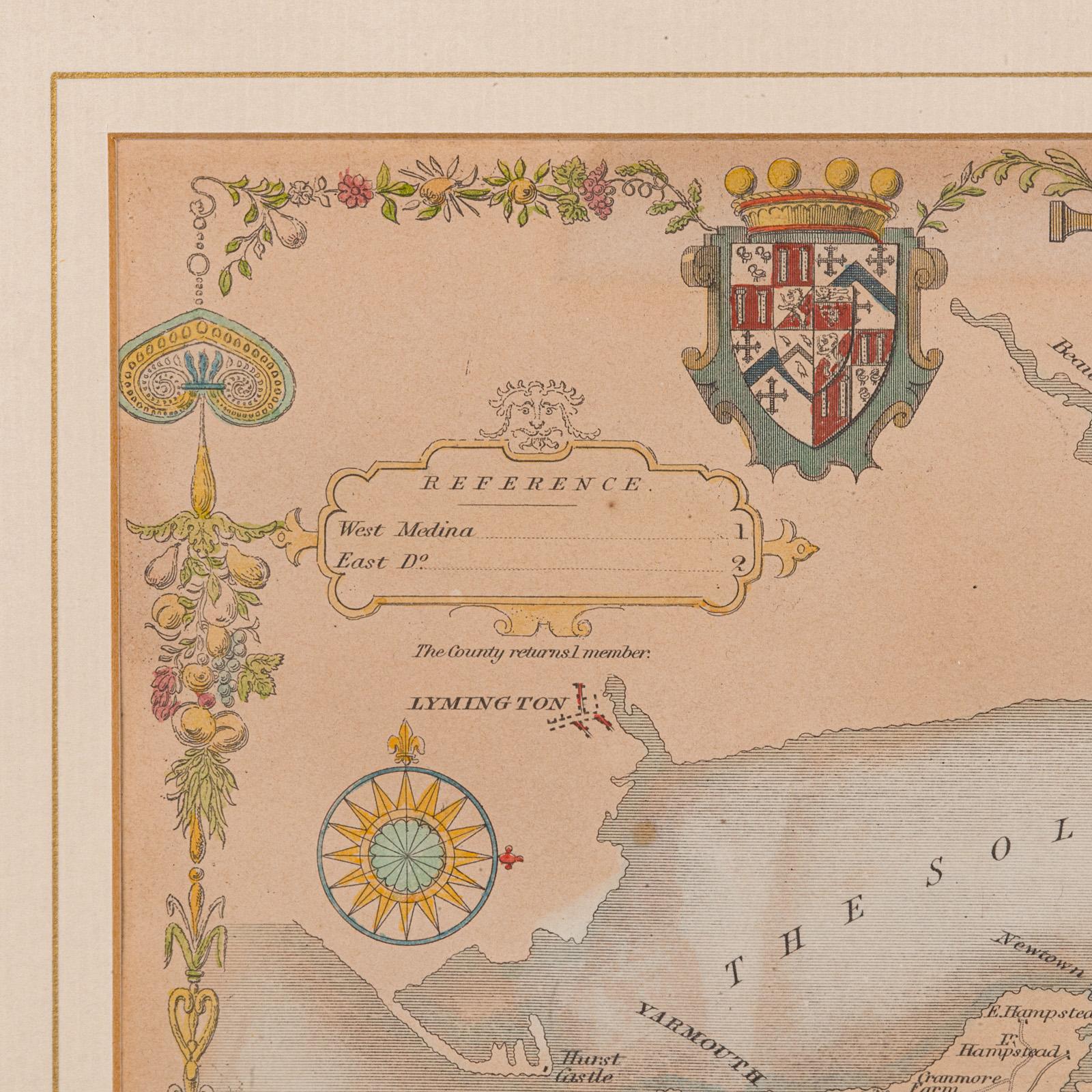 Carte lithographie ancienne, Isle of Wight, anglaise, encadrée, gravure, cartographie Bon état - En vente à Hele, Devon, GB