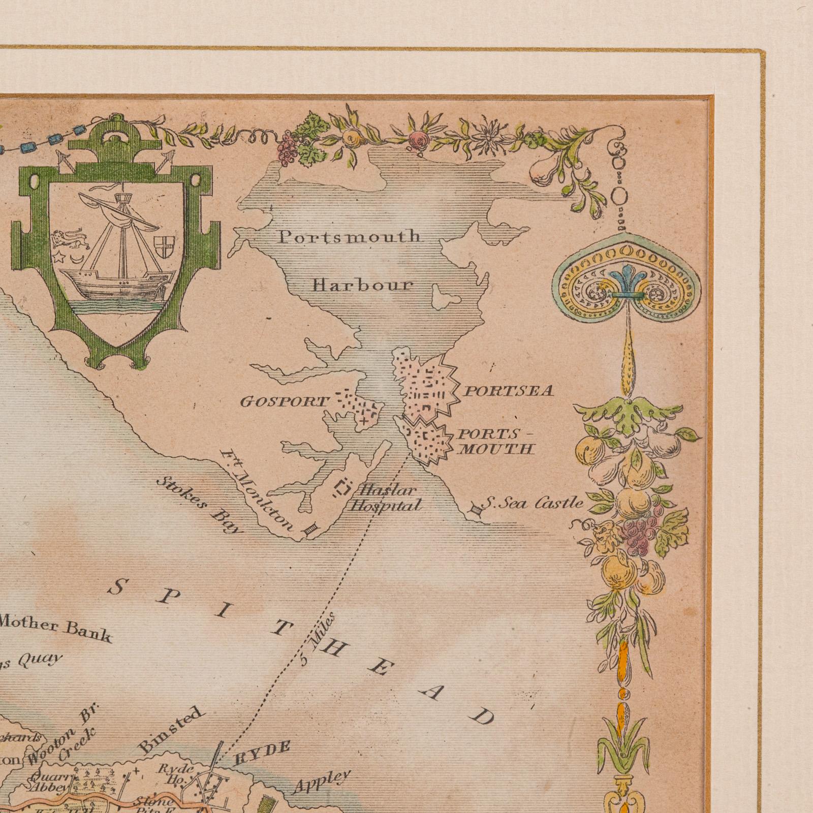XIXe siècle Carte lithographie ancienne, Isle of Wight, anglaise, encadrée, gravure, cartographie en vente
