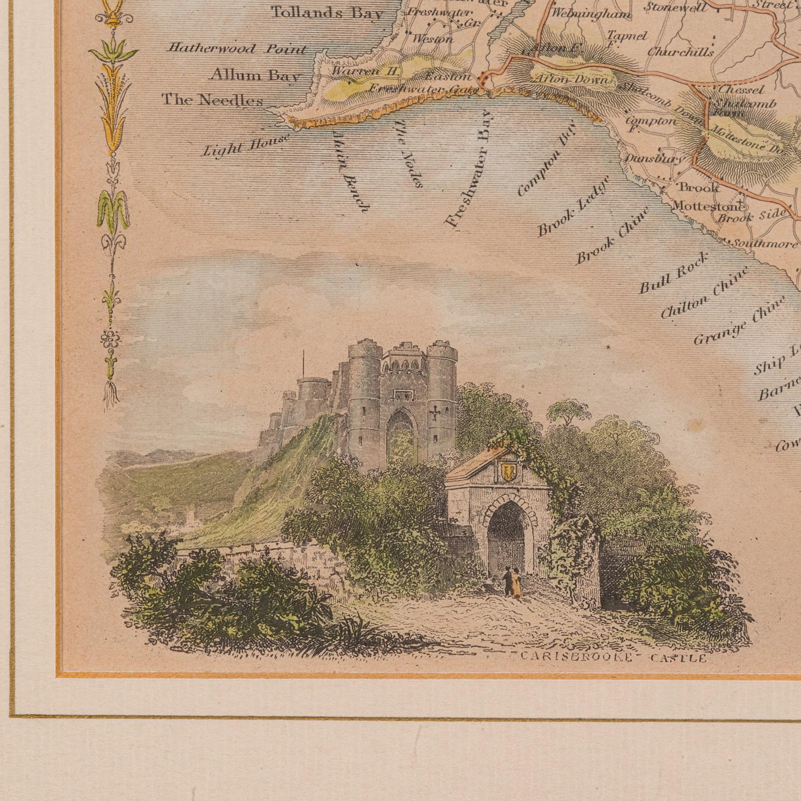 Bois Carte lithographie ancienne, Isle of Wight, anglaise, encadrée, gravure, cartographie en vente