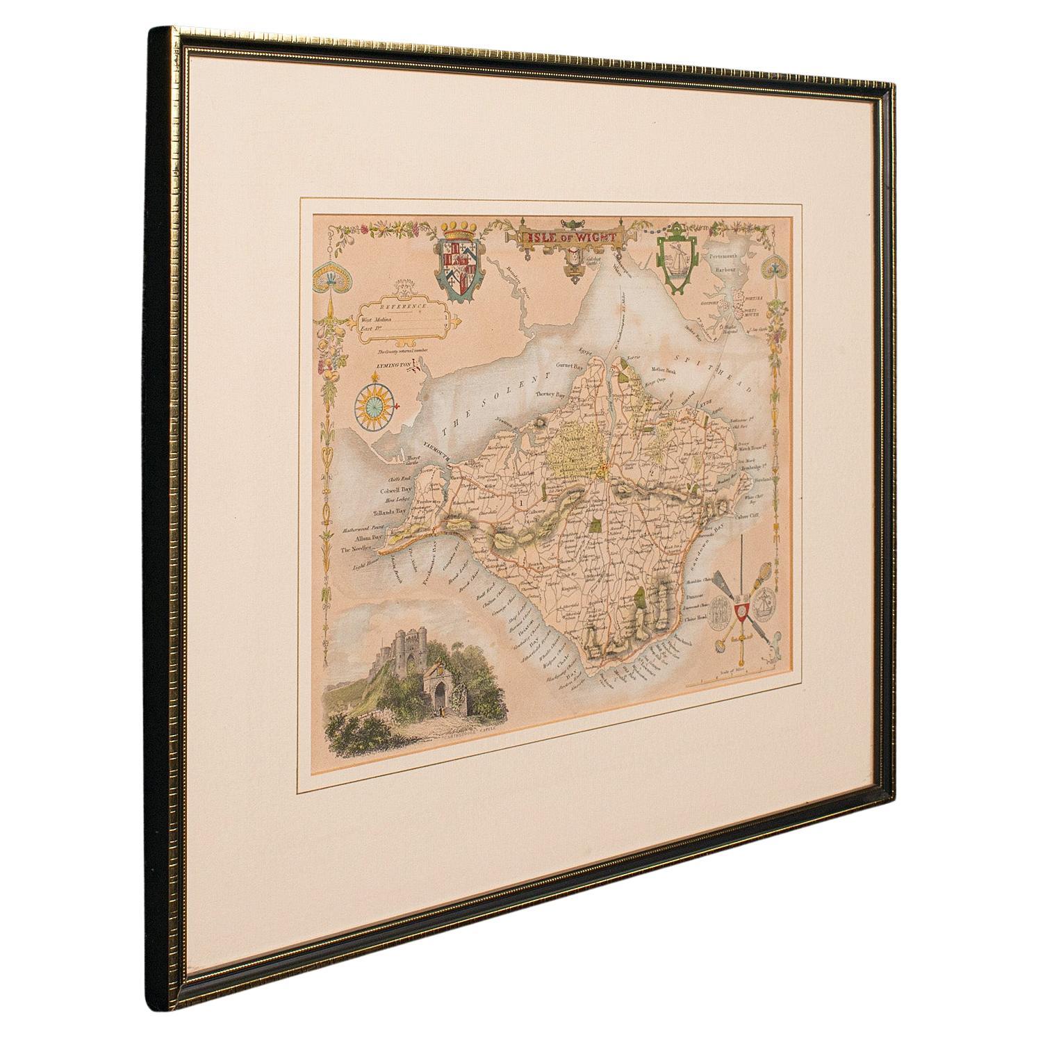 Carte lithographie ancienne, Isle of Wight, anglaise, encadrée, gravure, cartographie en vente