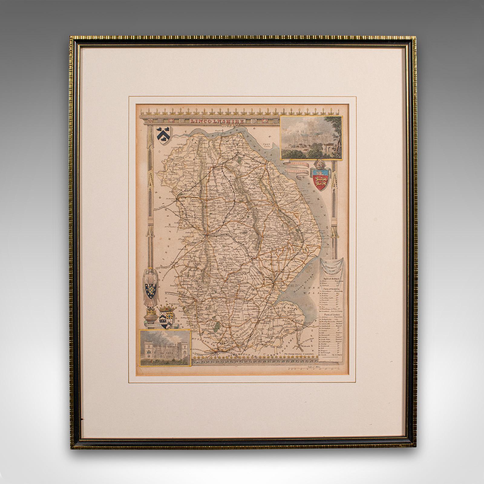 This is an antique lithography map of Lincolnshire. An English, framed atlas engraving of cartographic interest, dating to the mid 19th century and later.

Superb lithography of Lincolnshire and its county detail, perfect for display
Displaying a