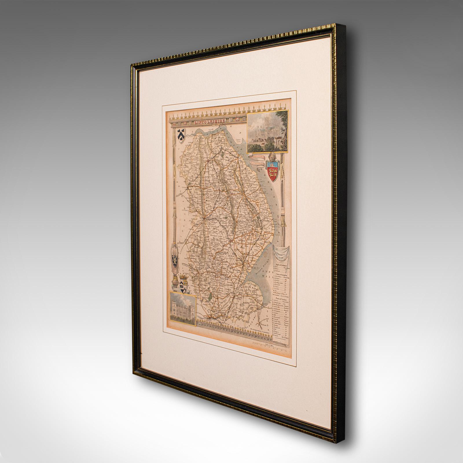 Victorian Antique Lithography Map, Lincolnshire, English, Framed, Engraving, Cartography For Sale