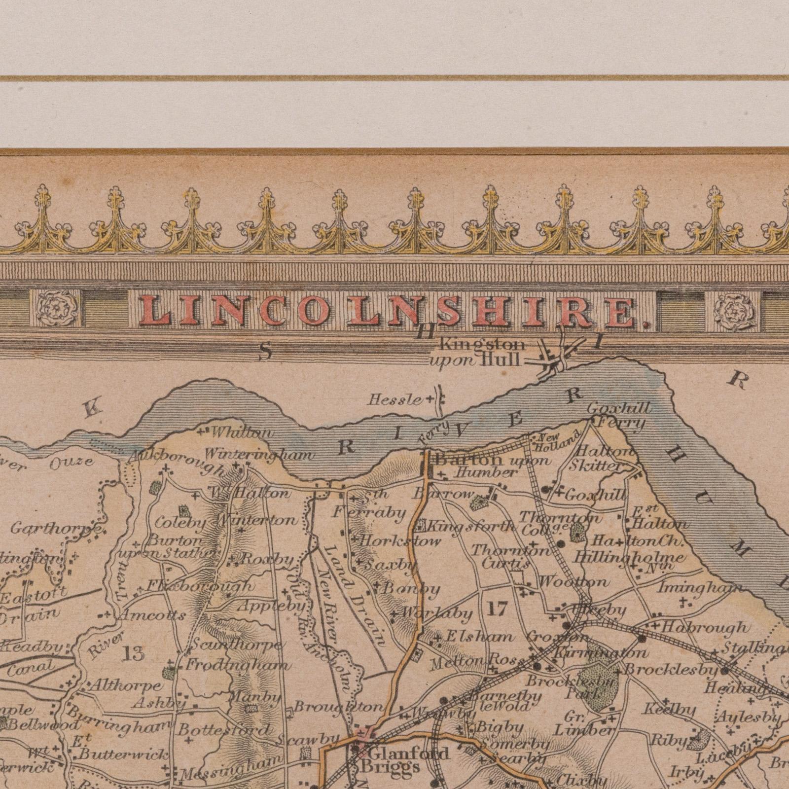 Wood Antique Lithography Map, Lincolnshire, English, Framed, Engraving, Cartography For Sale
