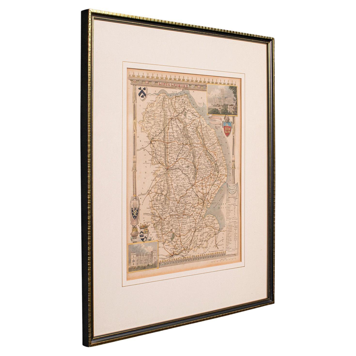 Antique Lithography Map, Lincolnshire, English, Framed, Engraving, Cartography For Sale