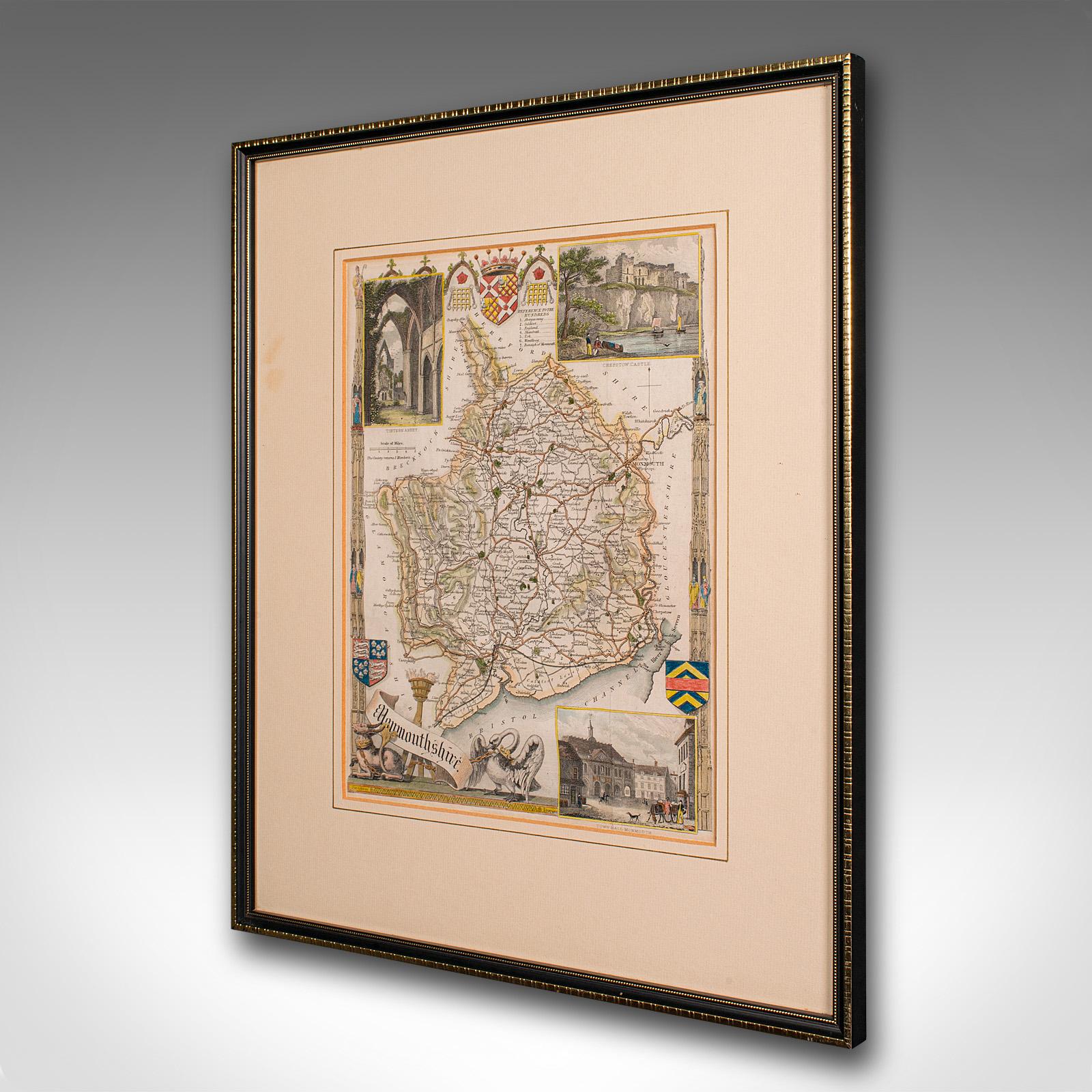 Victorien Carte lithographie ancienne, Monmouthshire, encadrée, cartographie galloise, victorienne en vente
