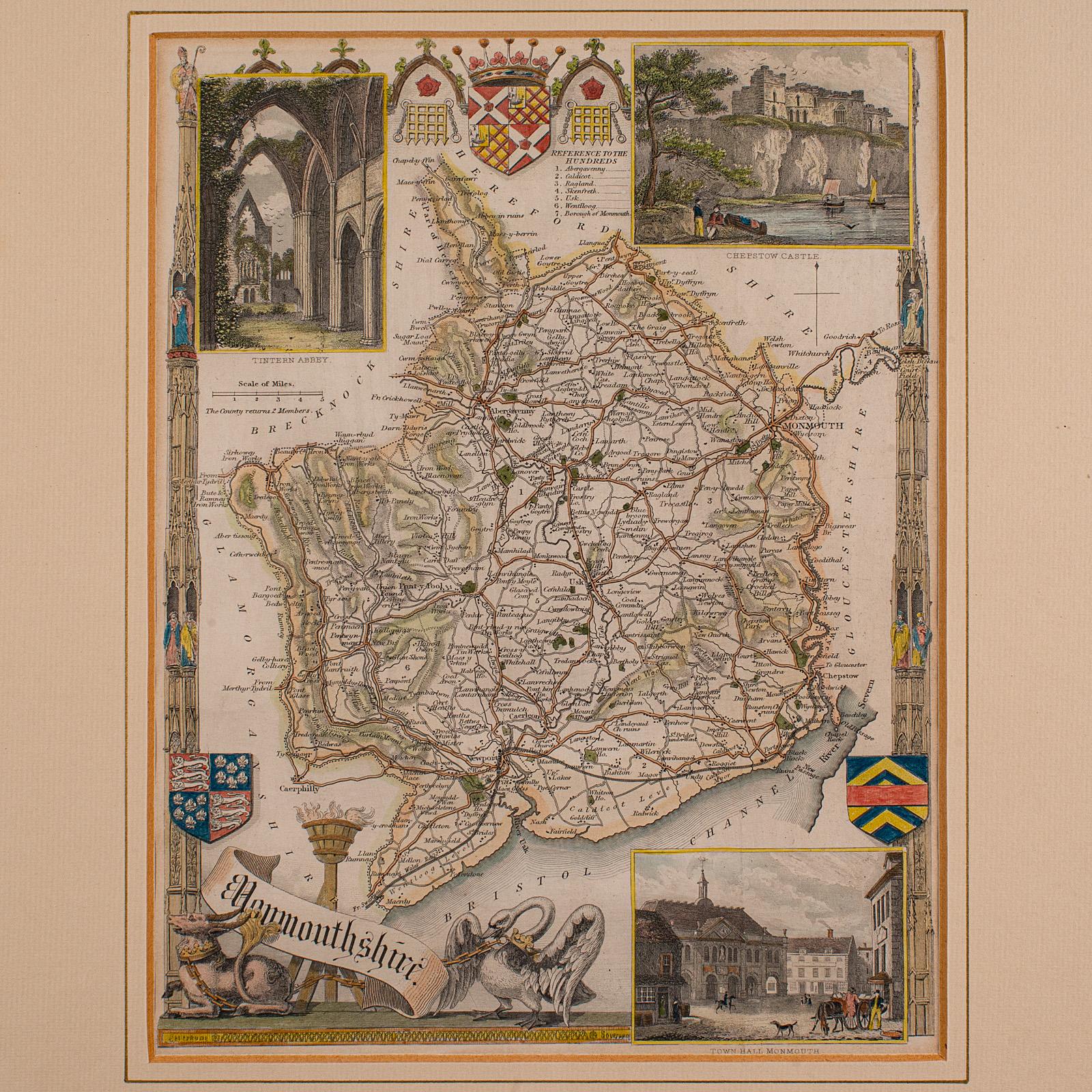 Britannique Carte lithographie ancienne, Monmouthshire, encadrée, cartographie galloise, victorienne en vente