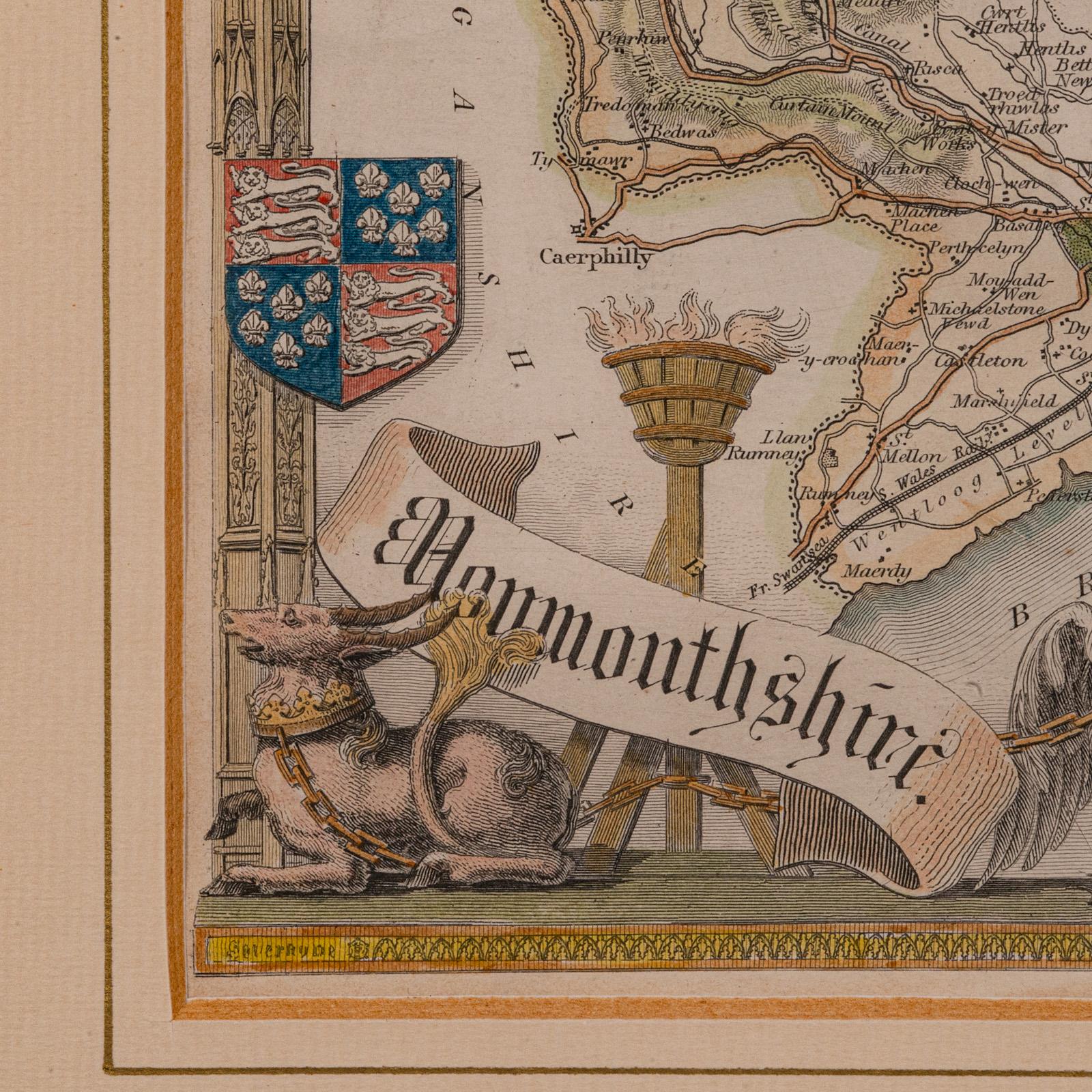 Carte lithographie ancienne, Monmouthshire, encadrée, cartographie galloise, victorienne Bon état - En vente à Hele, Devon, GB