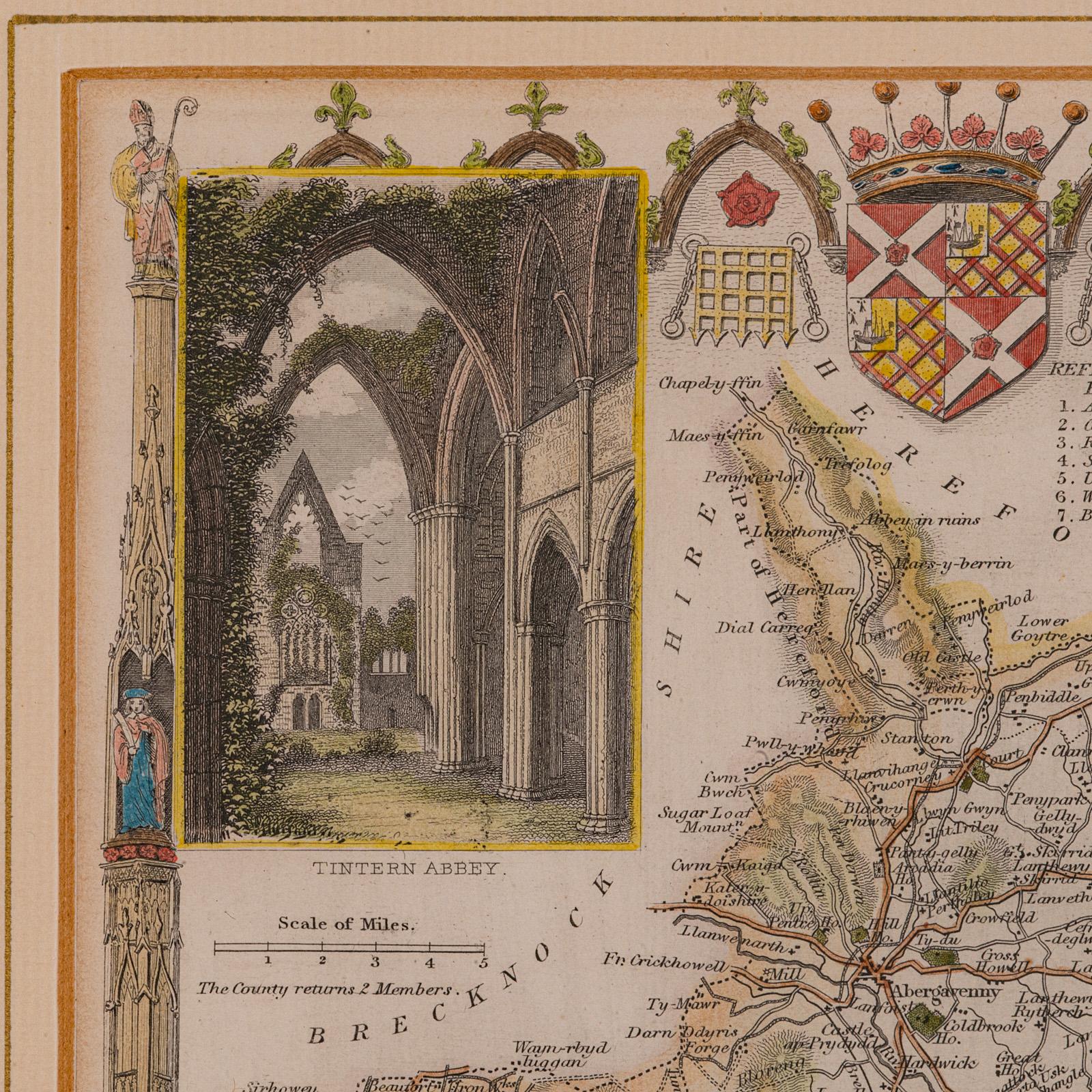 XIXe siècle Carte lithographie ancienne, Monmouthshire, encadrée, cartographie galloise, victorienne en vente