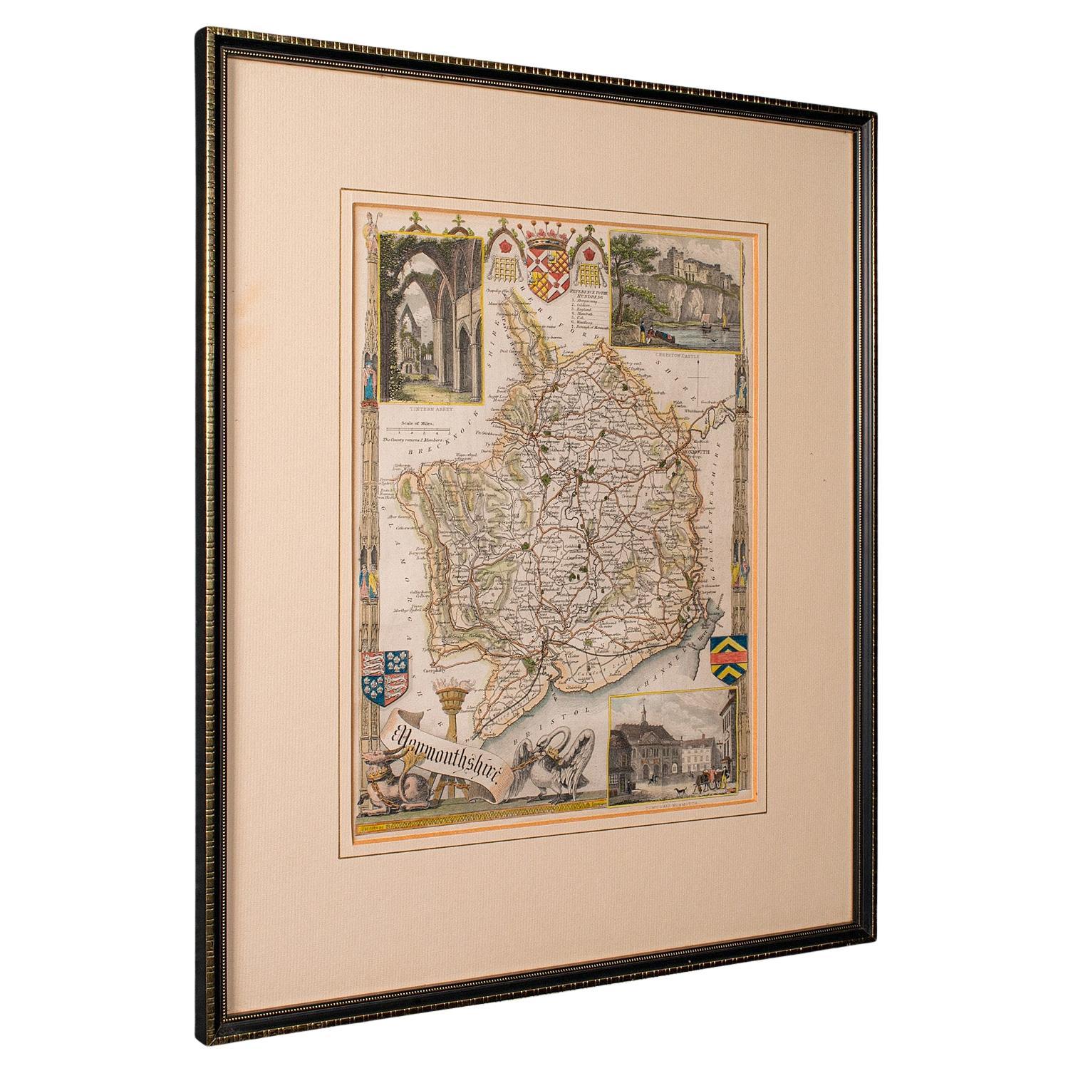 Antique Lithography Map, Monmouthshire, Framed, Welsh Cartography, Victorian