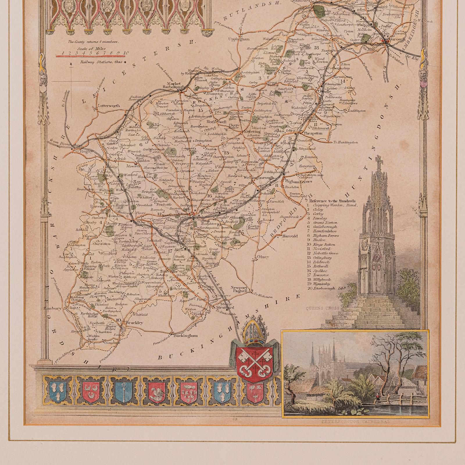 19th Century Antique Lithography Map, Northamptonshire, English, Framed Cartography, C.1860 For Sale
