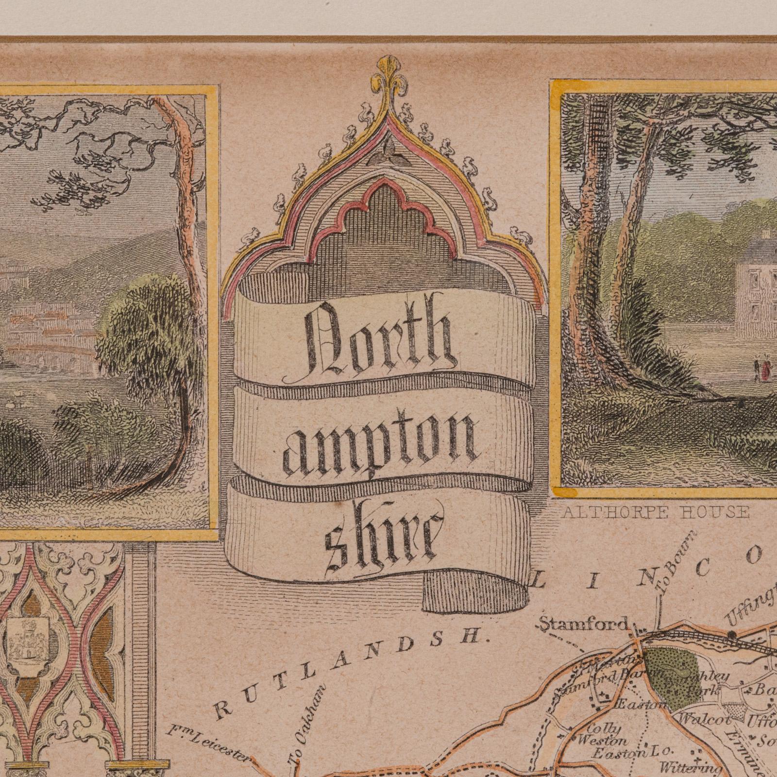 Wood Antique Lithography Map, Northamptonshire, English, Framed Cartography, C.1860 For Sale