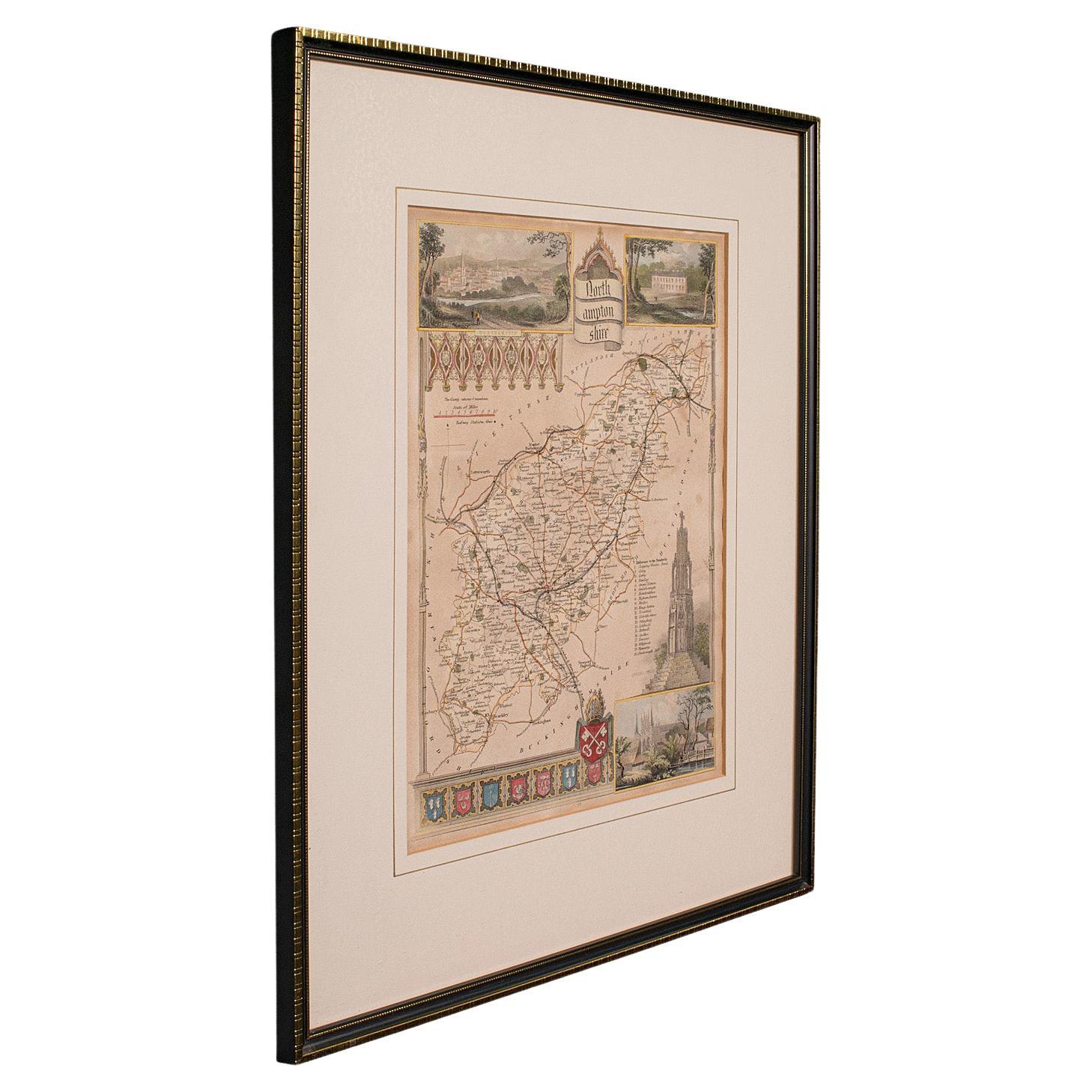 Antique Lithography Map, Northamptonshire, English, Framed Cartography, C.1860 For Sale
