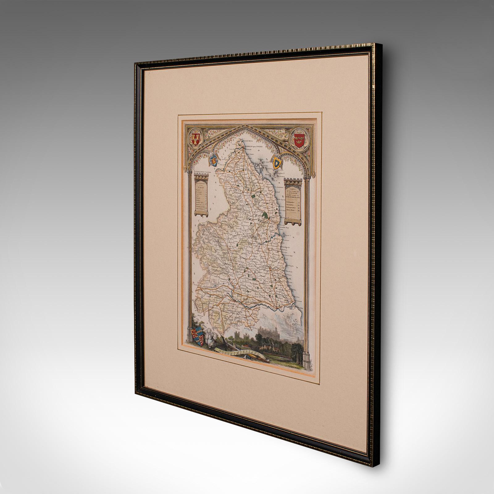 Victorian Antique Lithography Map, Northumberland, English, Framed, Engraving, Cartography For Sale