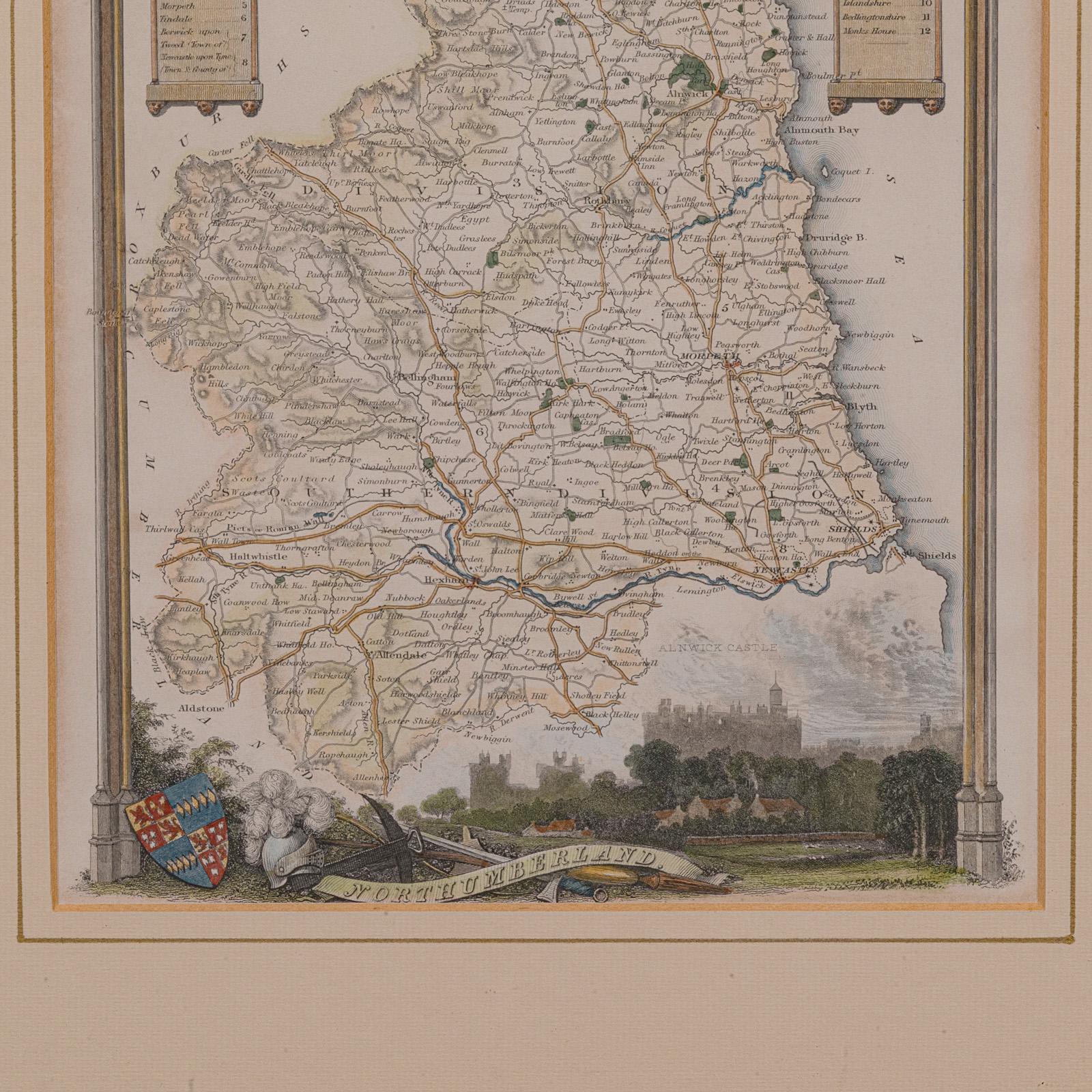 19th Century Antique Lithography Map, Northumberland, English, Framed, Engraving, Cartography For Sale