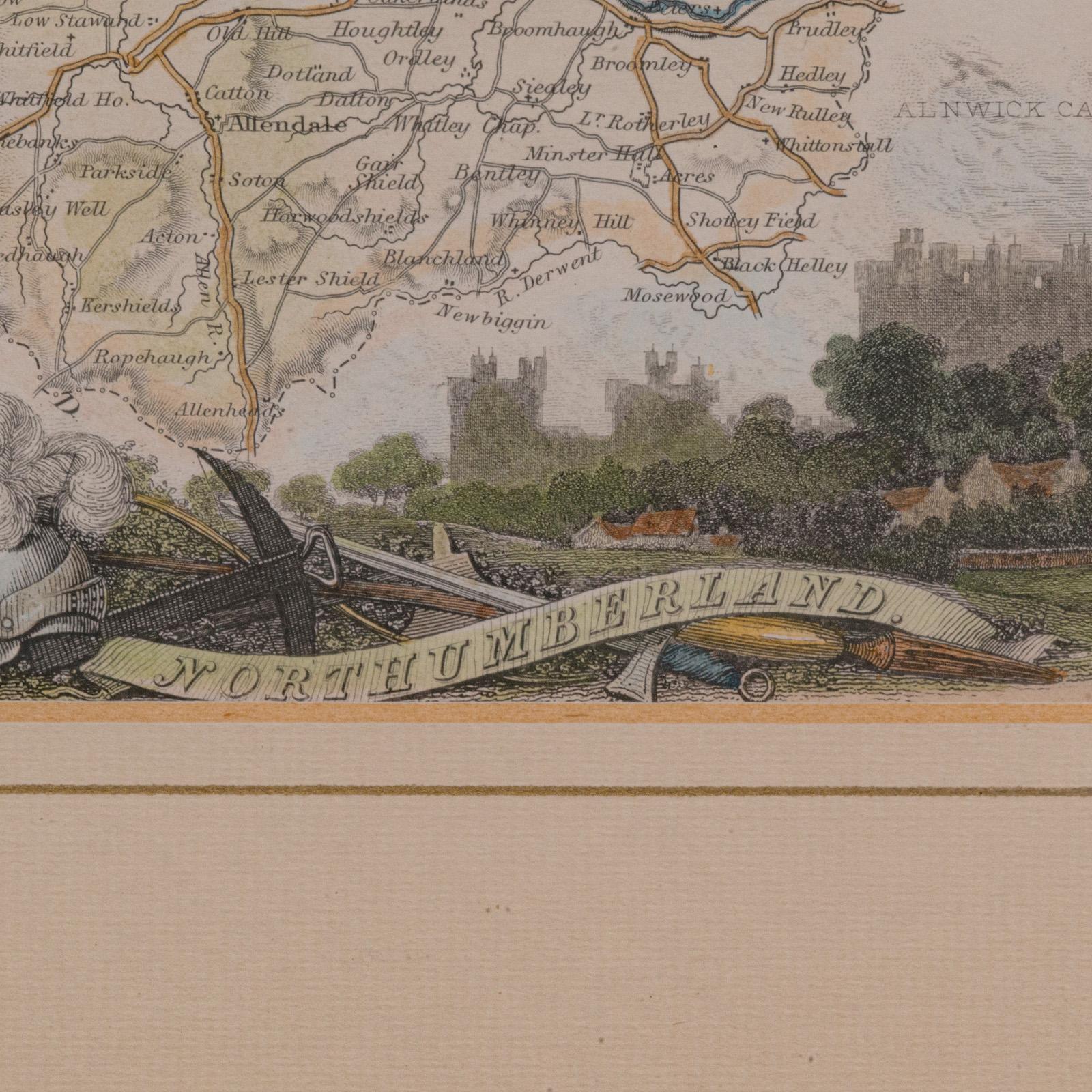 Wood Antique Lithography Map, Northumberland, English, Framed, Engraving, Cartography For Sale