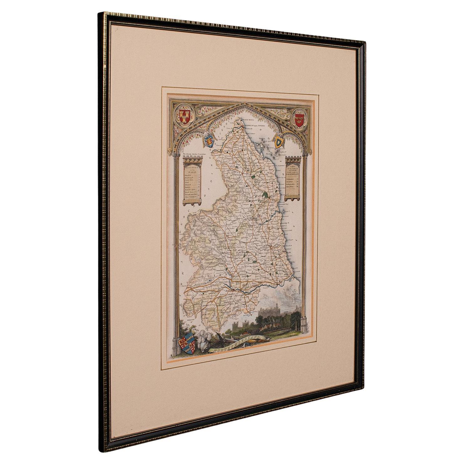 Carte lithographie ancienne, Northumberland, anglaise, encadrée, gravure, cartographie