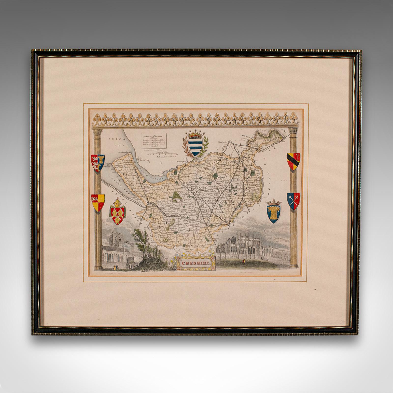 This is an antique lithography map of Cheshire. An English, framed atlas engraving of cartographic interest, dating to the mid 19th century and later.

Superb lithography of Cheshire and its county detail, perfect for display
Displaying a desirable