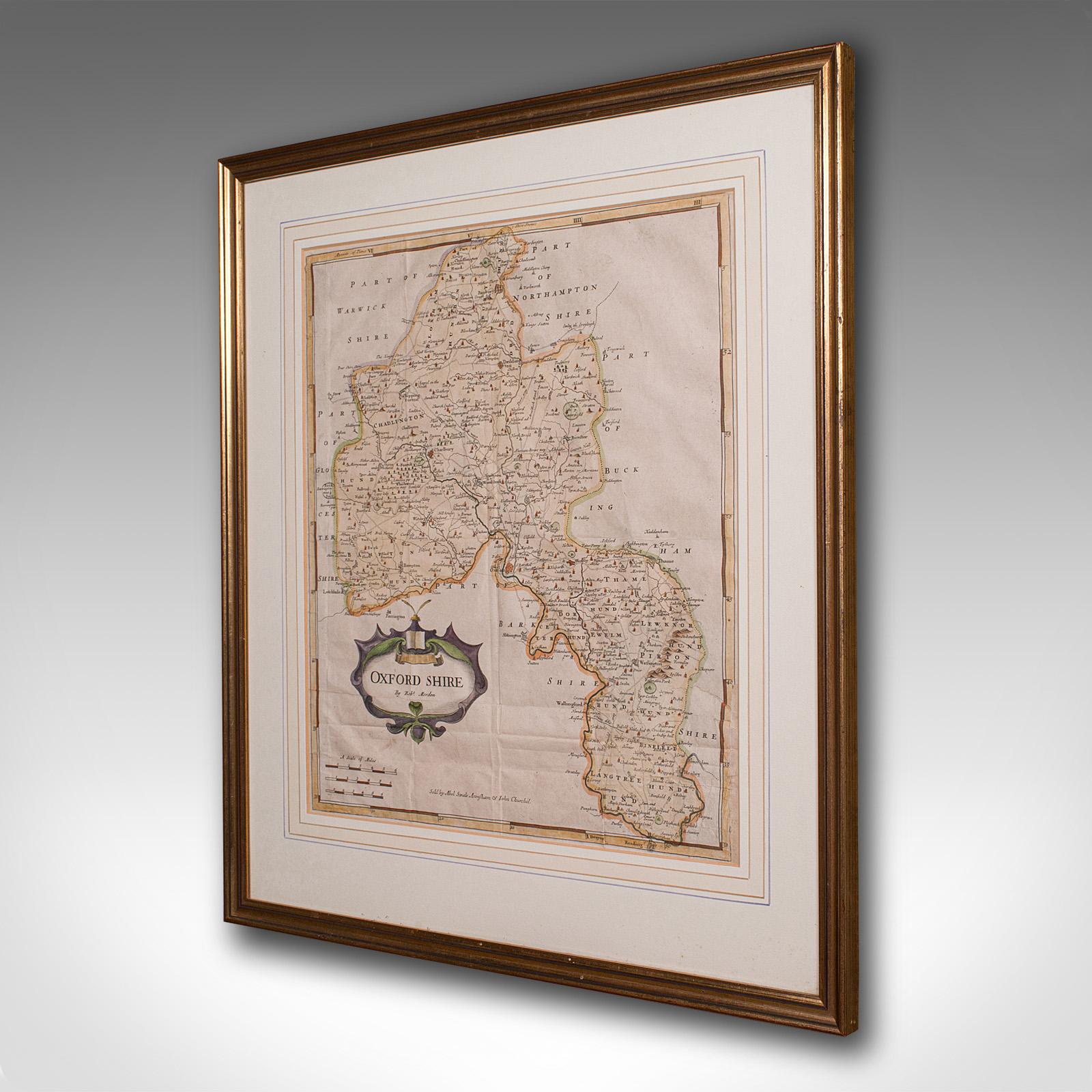 William and Mary Antique Lithography Map, Oxfordshire, English, Framed Cartography, Robert Morden For Sale
