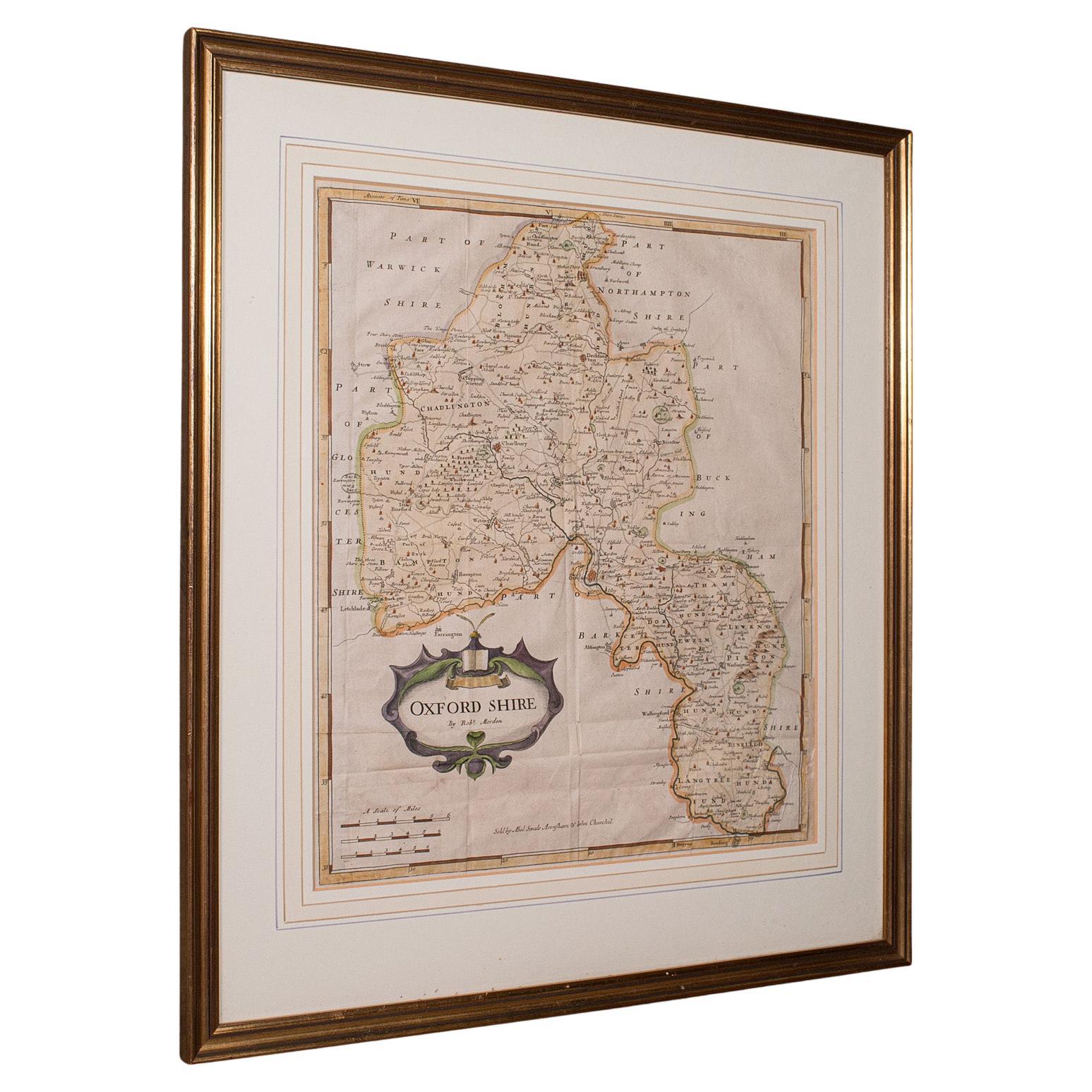 Carta litografica antica, Oxfordshire, Inglese, Cartografia con cornice, Robert Morden