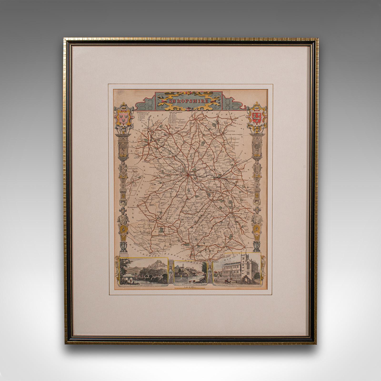 
This is an antique lithography map of Shropshire. An English, framed atlas engraving of cartographic interest, dating to the mid 19th century and later.

Superb lithography of Shropshire and its county detail, perfect for display
Displaying a