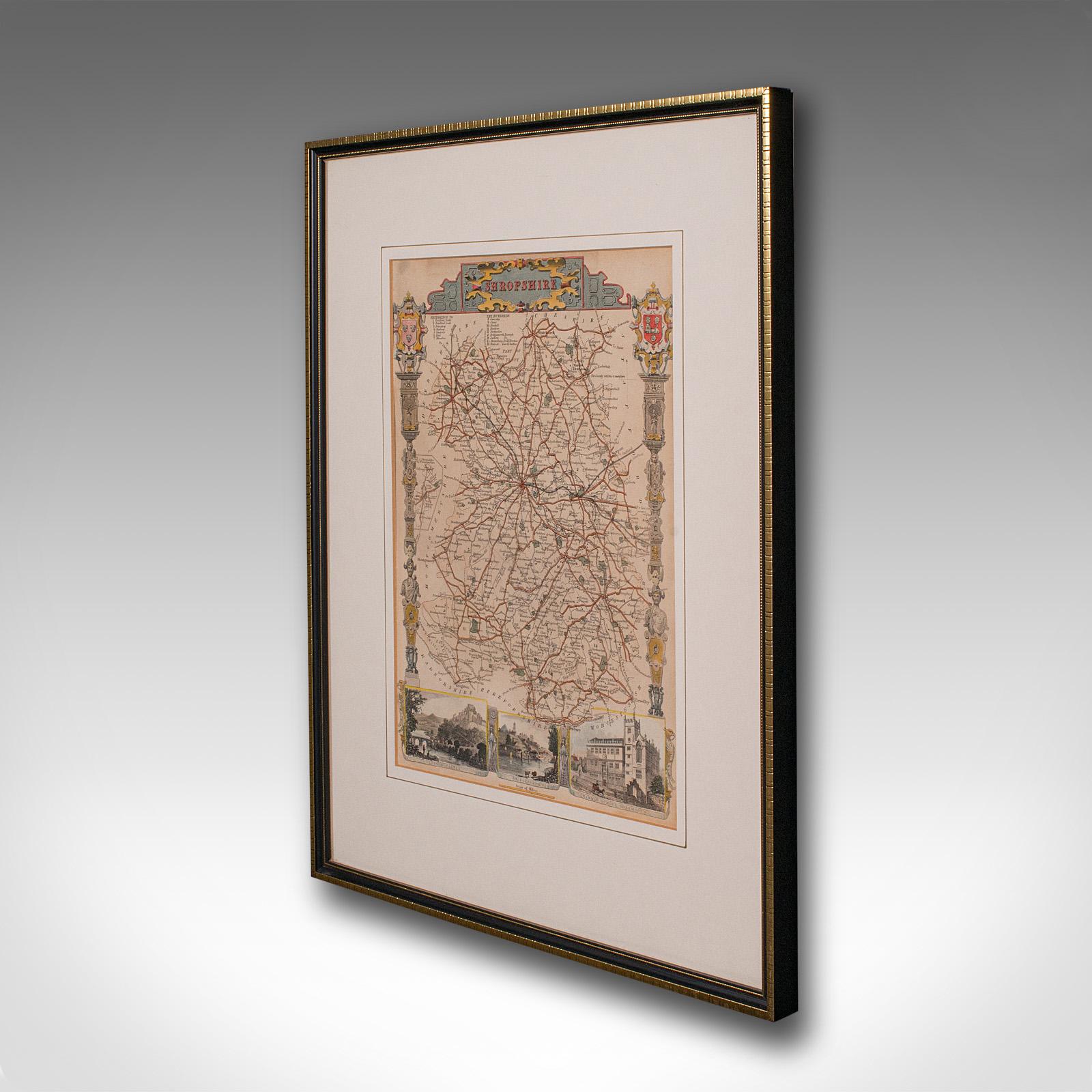 British Antique Lithography Map, Shropshire, English, Framed, Cartography, Victorian For Sale