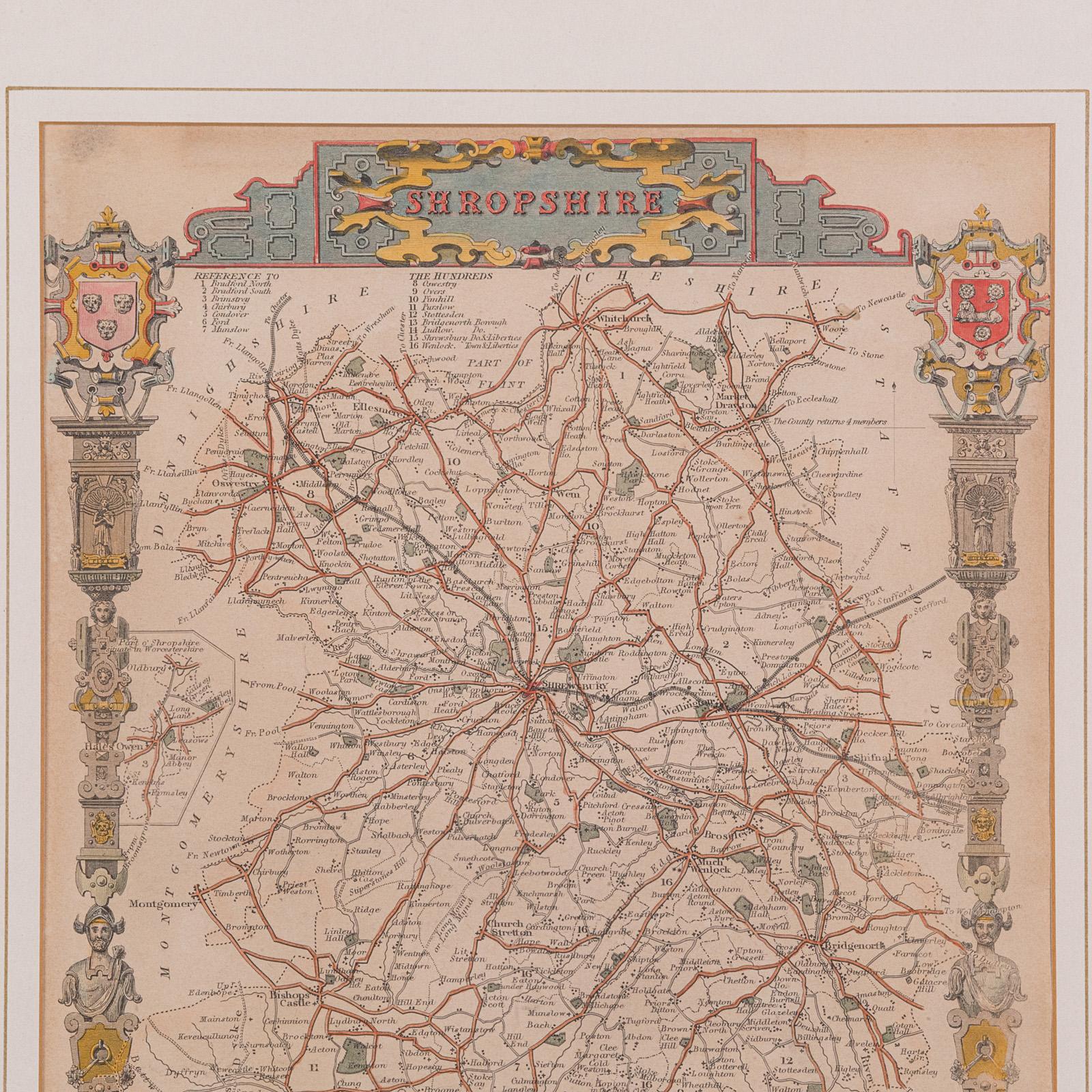 19th Century Antique Lithography Map, Shropshire, English, Framed, Cartography, Victorian For Sale