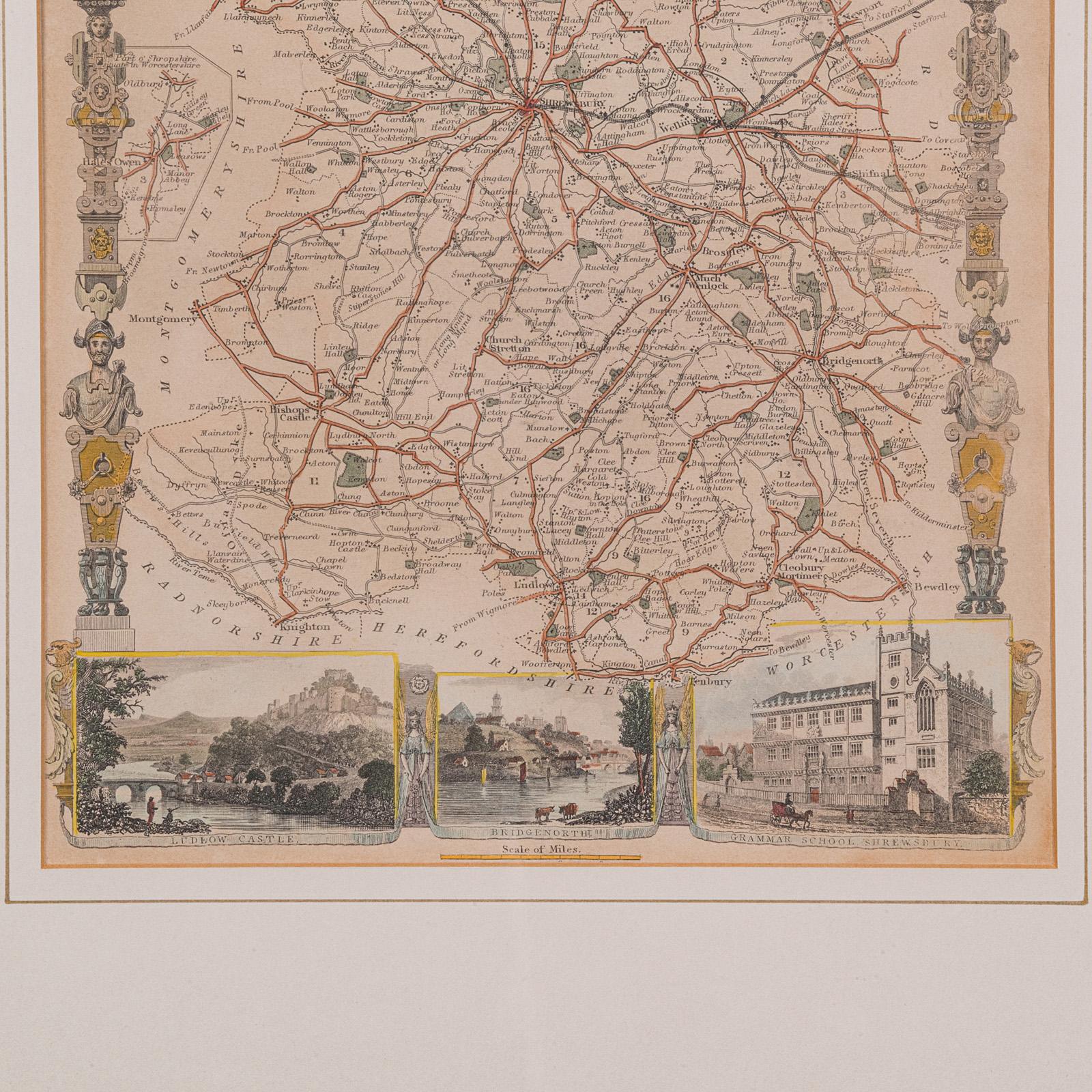 Wood Antique Lithography Map, Shropshire, English, Framed, Cartography, Victorian For Sale