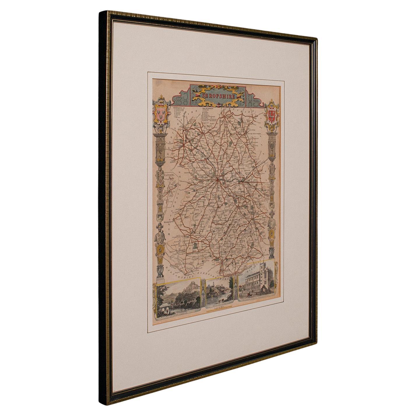 Carte lithographie ancienne, Shropshire, anglaise, encadrée, cartographie victorienne