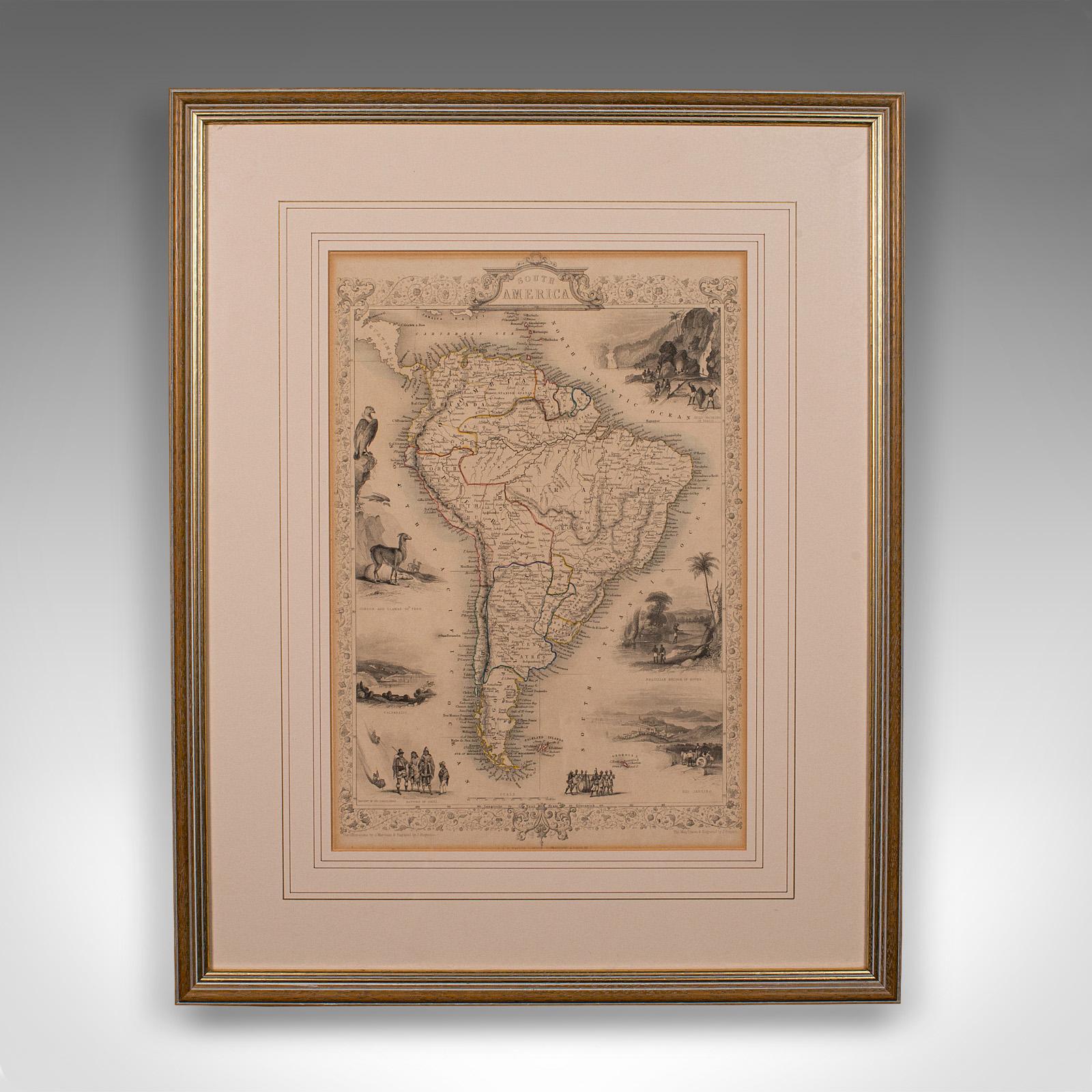 This is an antique lithography map of South America. An English, framed atlas engraving of cartographic interest by John Rapkin , dating to the early Victorian period and later, circa 1850.

John Rapkin was considered as one of the best map maker's